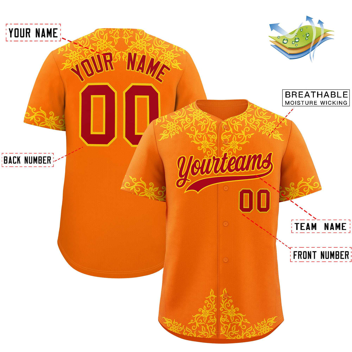Custom Orange Gold Baroque Style Personalized Baseball Jersey| KXKSHOP