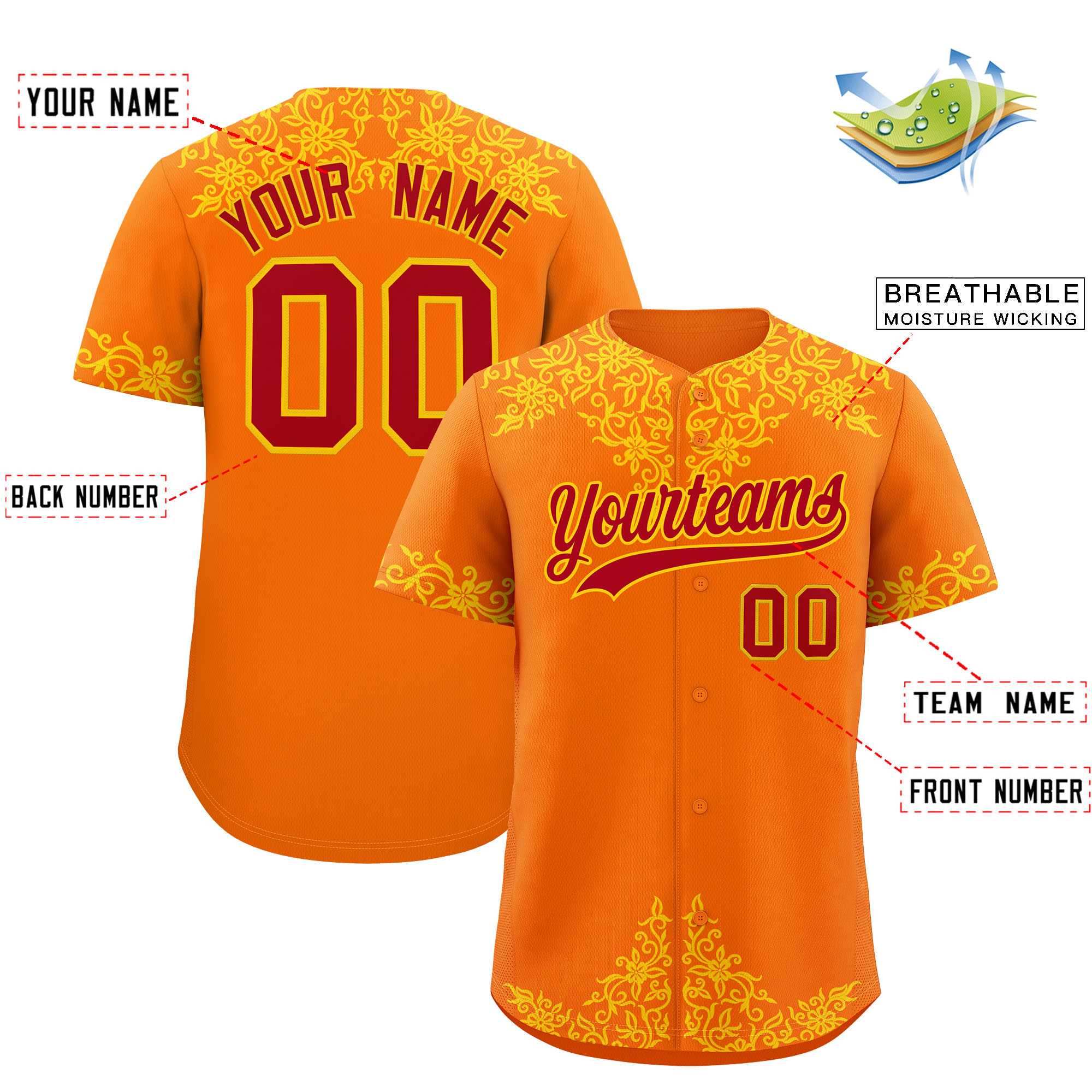 Custom Orange Gold Baroque Style Personalized Baseball Jersey| KXKSHOP