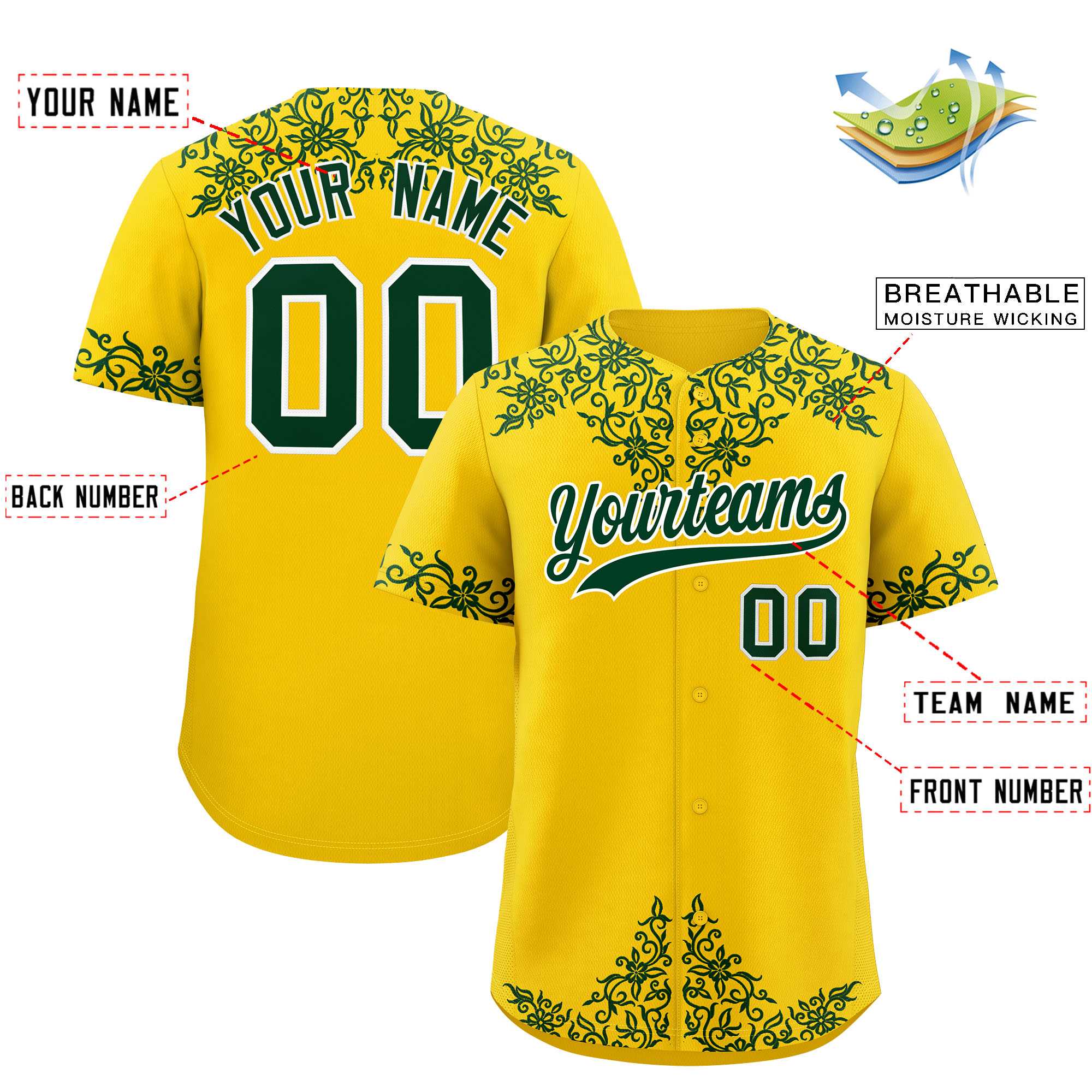 Custom Gold Green Baroque Style Personalized Baseball Jersey| KXKSHOP