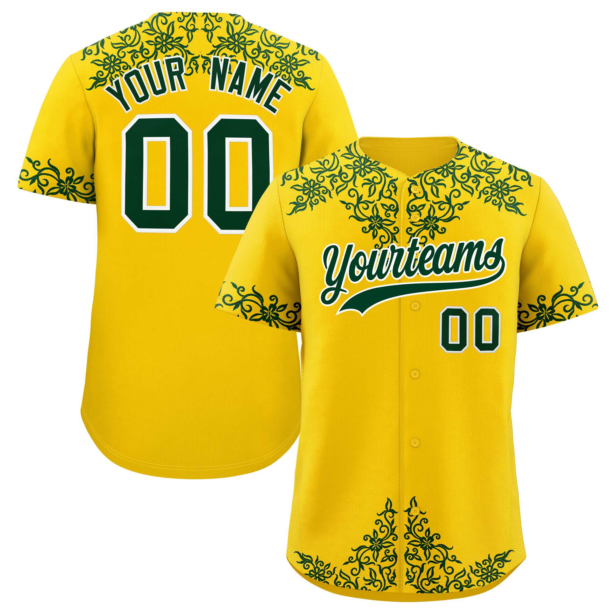 Custom Gold Green Baroque Style Personalized Baseball Jersey| KXKSHOP