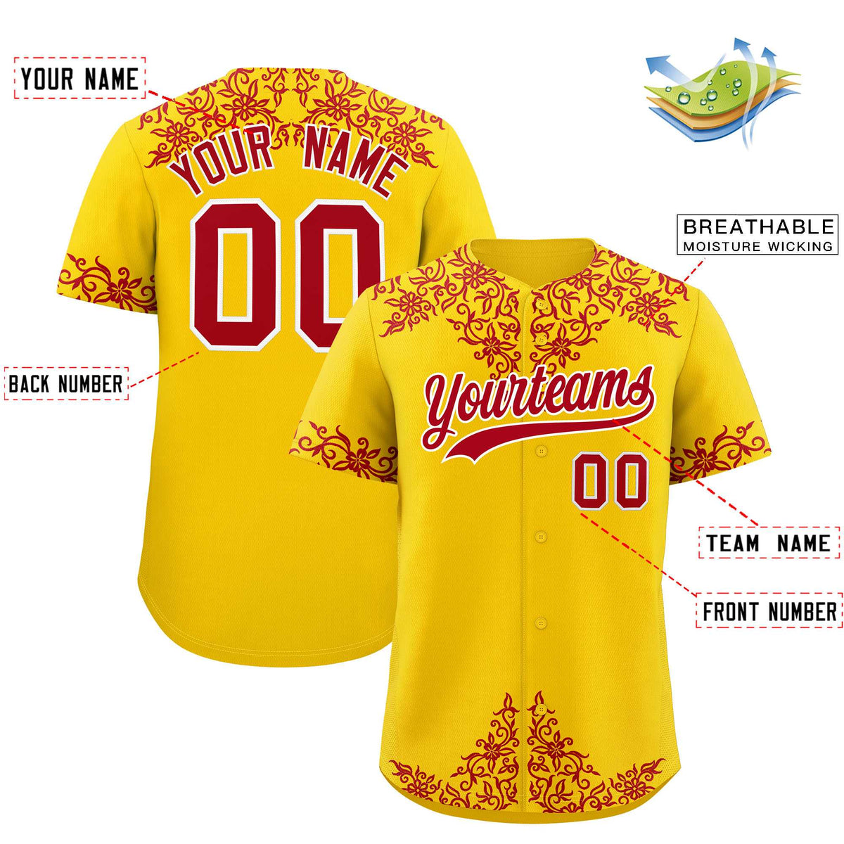Custom Gold Red Baroque Style Personalized Baseball Jersey| KXKSHOP