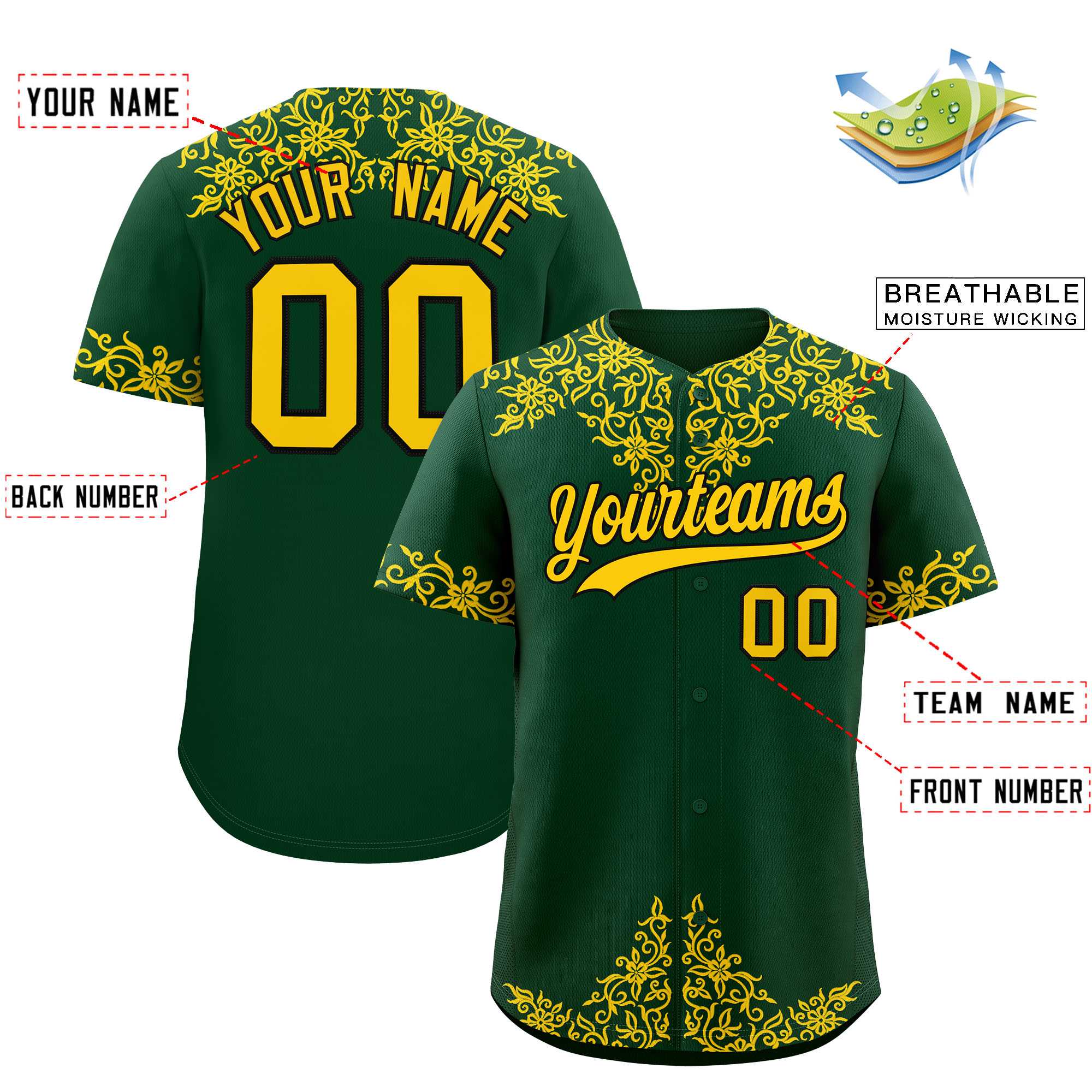 Custom Green Gold Baroque Style Personalized Baseball Jersey| KXKSHOP