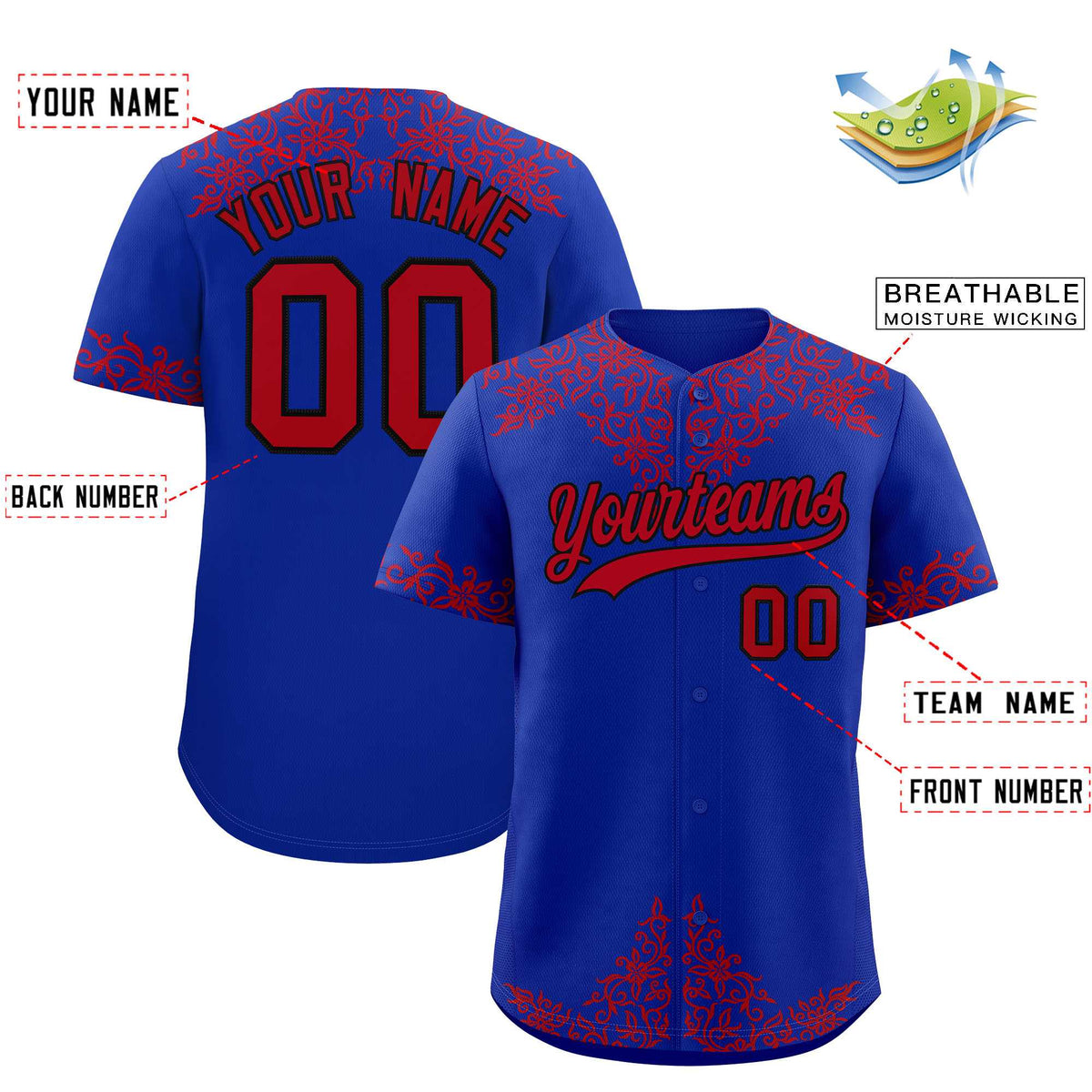 Custom Royal Red Baroque Style Personalized Baseball Jersey| KXKSHOP