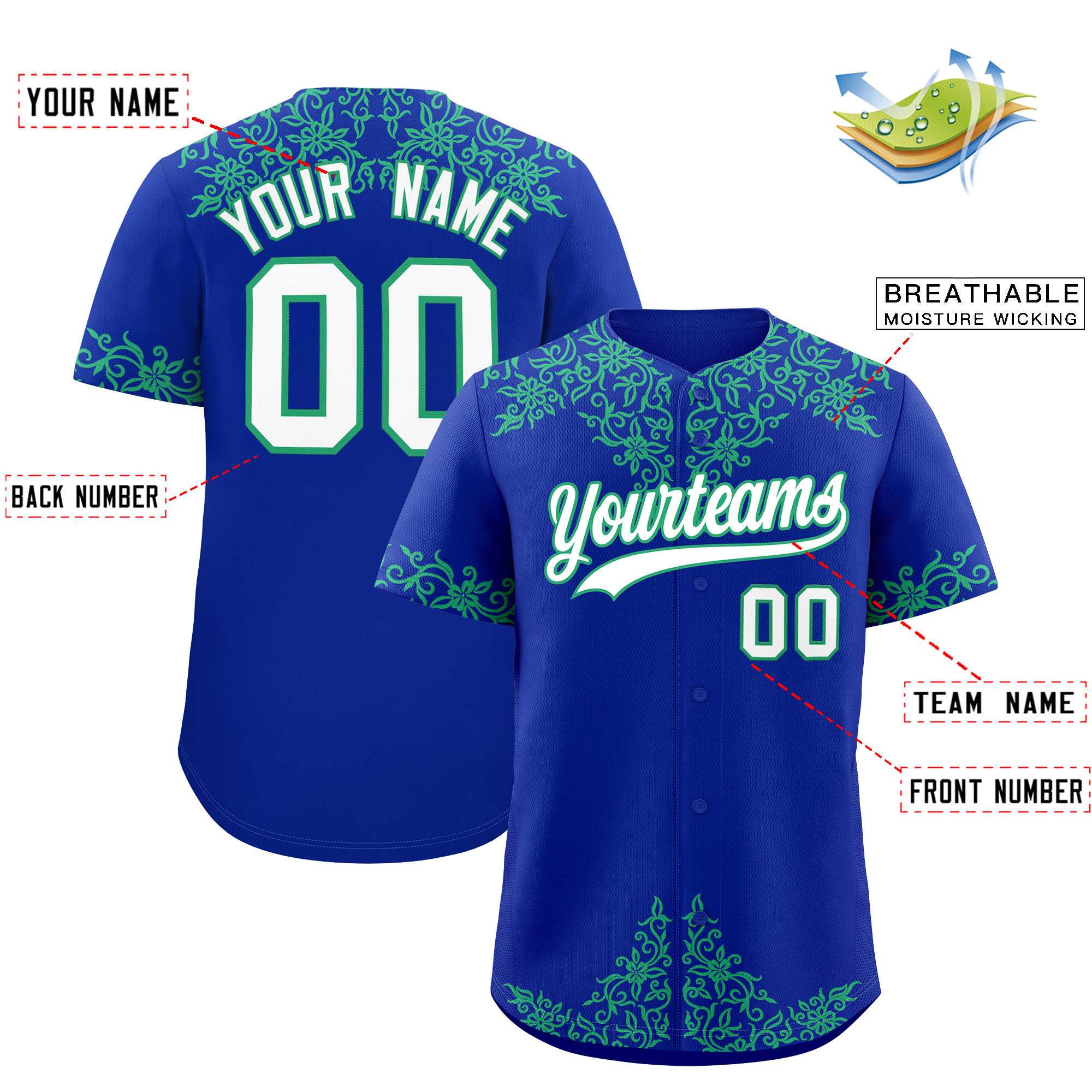 Custom Royal Bright Green Baroque Style Personalized Baseball Jersey| KXKSHOP