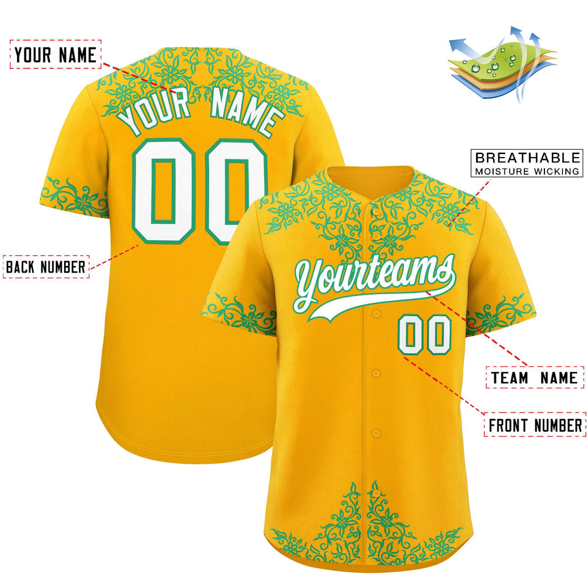 Custom Yellow Bright Green Baroque Style Personalized Baseball Jersey| KXKSHOP