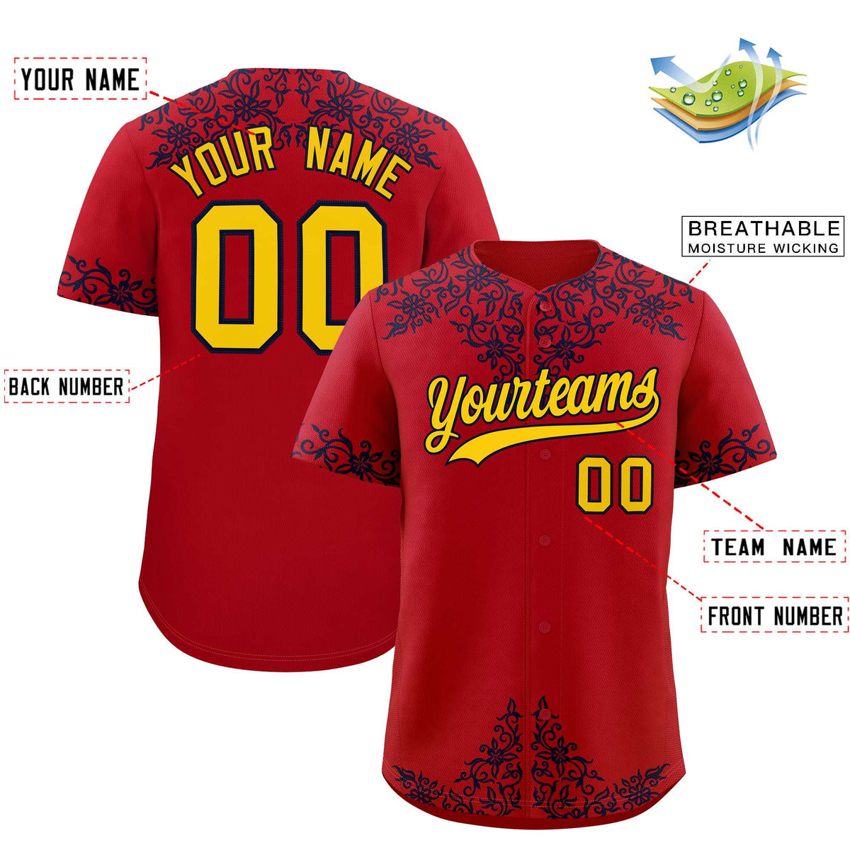 Custom Red Navy Baroque Style Personalized Baseball Jersey| KXKSHOP