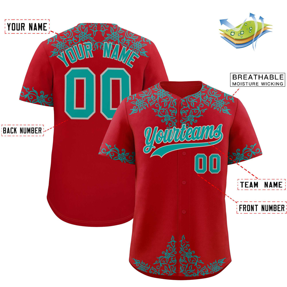 Custom Red Teal Baroque Style Personalized Baseball Jersey| KXKSHOP
