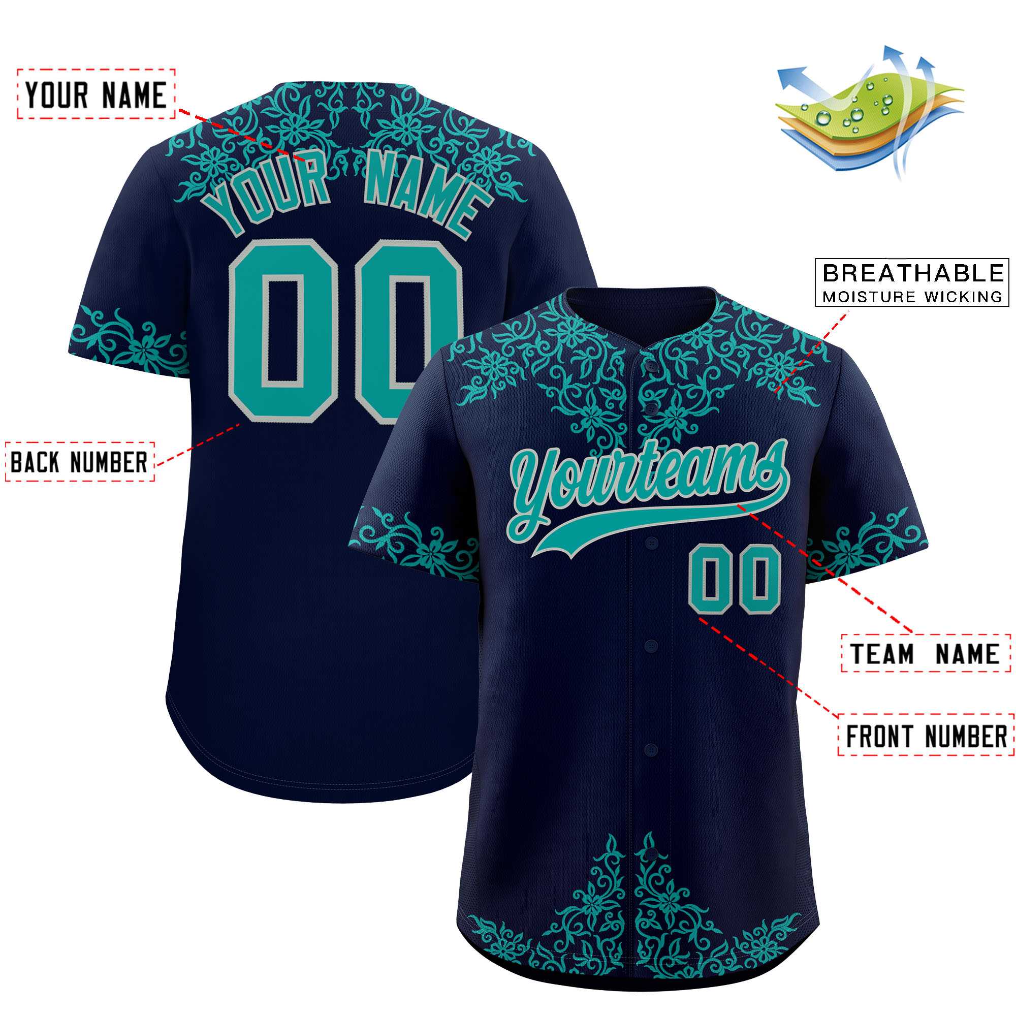 Custom Navy Teal Baroque Style Personalized Baseball Jersey| KXKSHOP