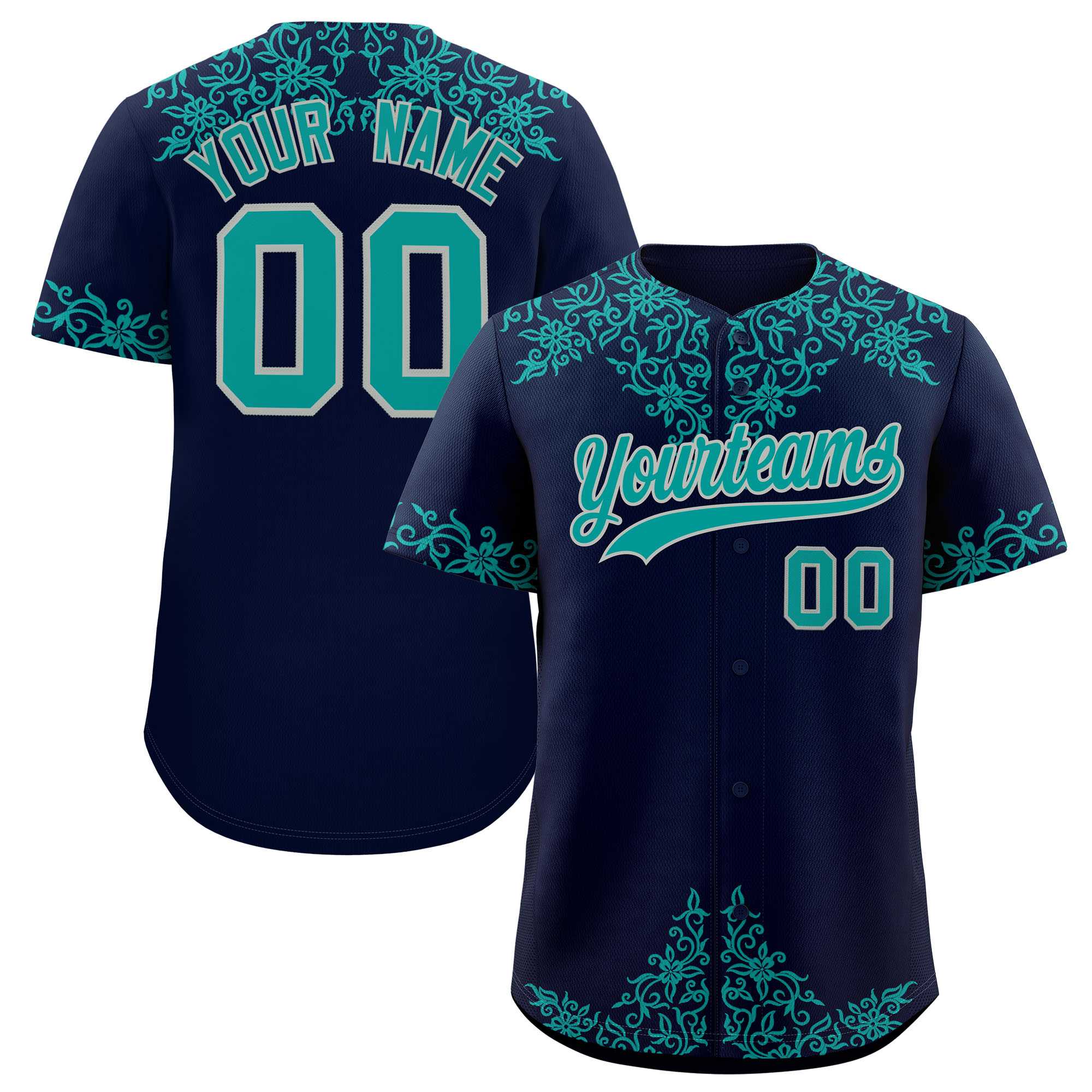 Custom Navy Teal Baroque Style Personalized Baseball Jersey| KXKSHOP