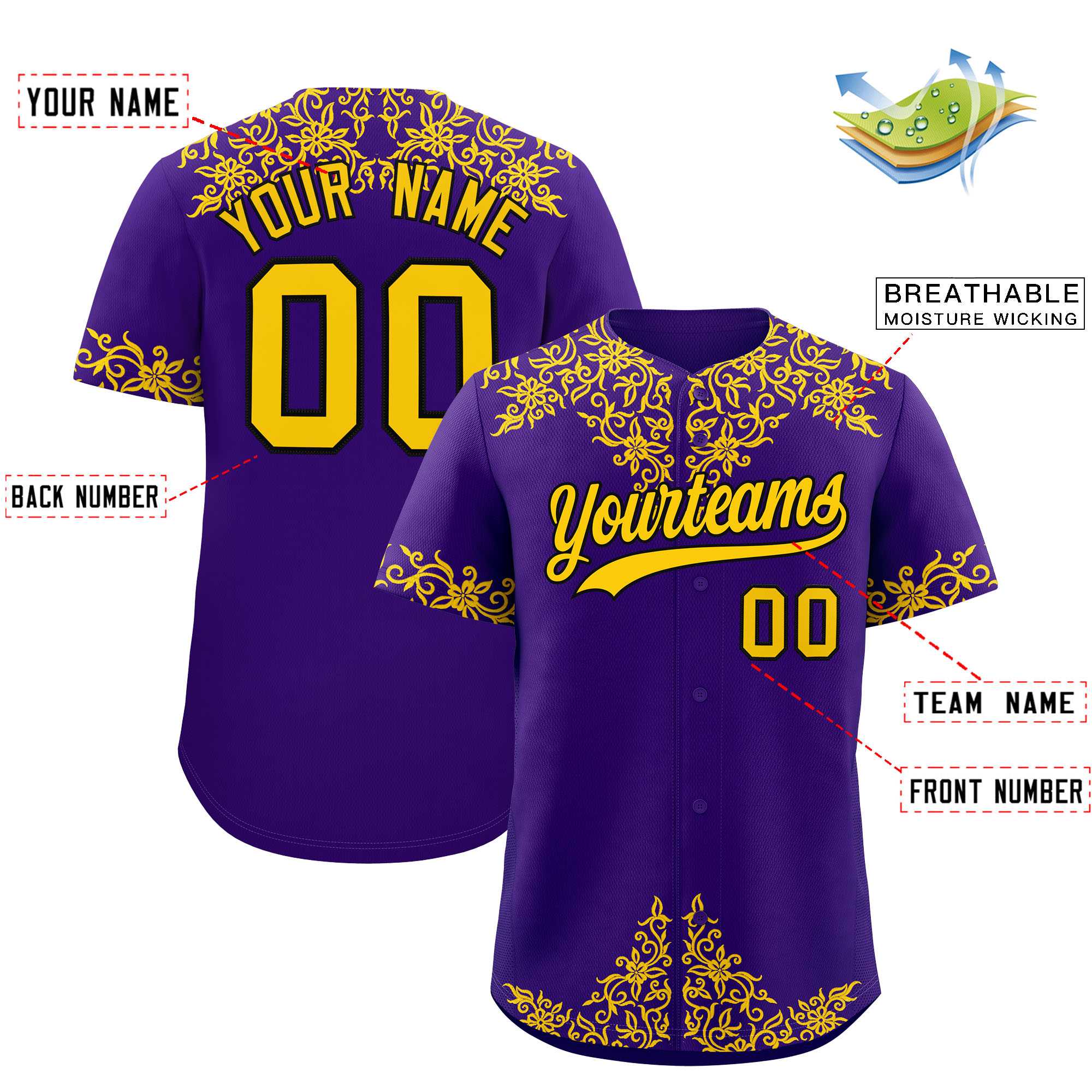 Custom Purple Gold Baroque Style Personalized Baseball Jersey| KXKSHOP