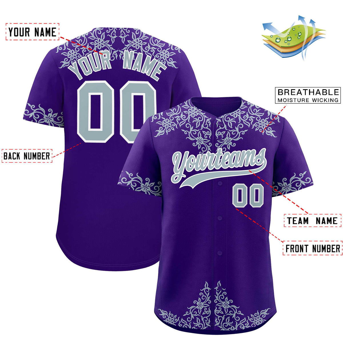 Custom Purple Silver Baroque Style Personalized Baseball Jersey| KXKSHOP