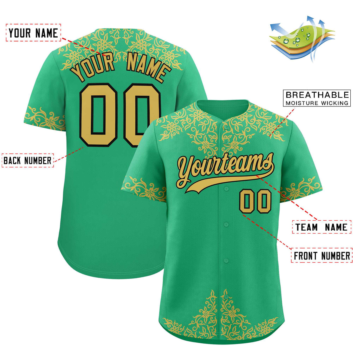 Custom Bright Green Old Gold Baroque Style Personalized Baseball Jersey| KXKSHOP