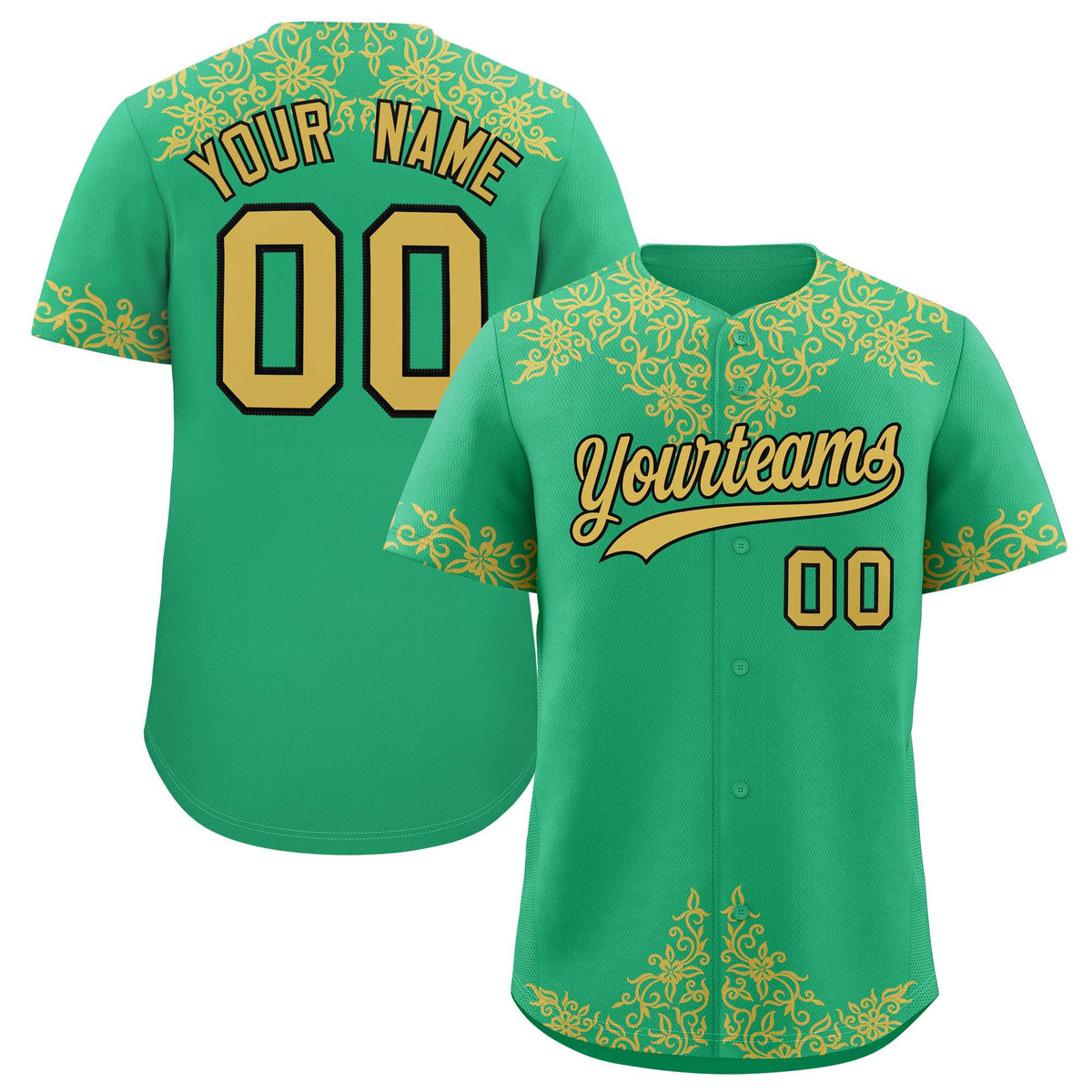Custom Bright Green Old Gold Baroque Style Personalized Baseball Jersey| KXKSHOP