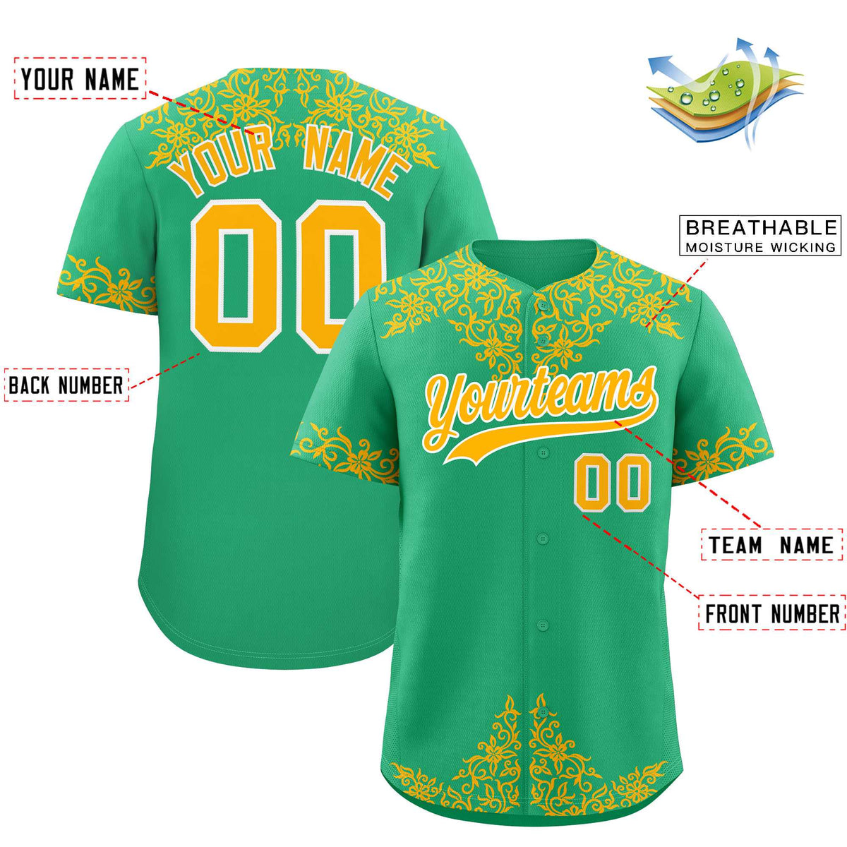 Custom Bright Green Gold Baroque Style Personalized Baseball Jersey| KXKSHOP