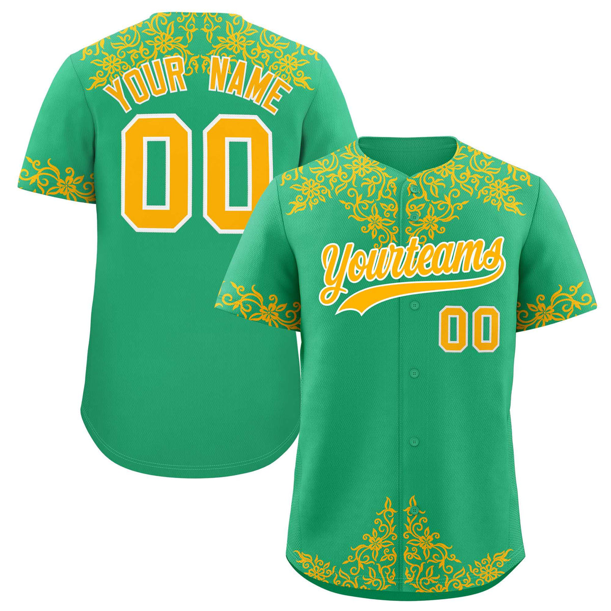 Custom Bright Green Gold Baroque Style Personalized Baseball Jersey| KXKSHOP
