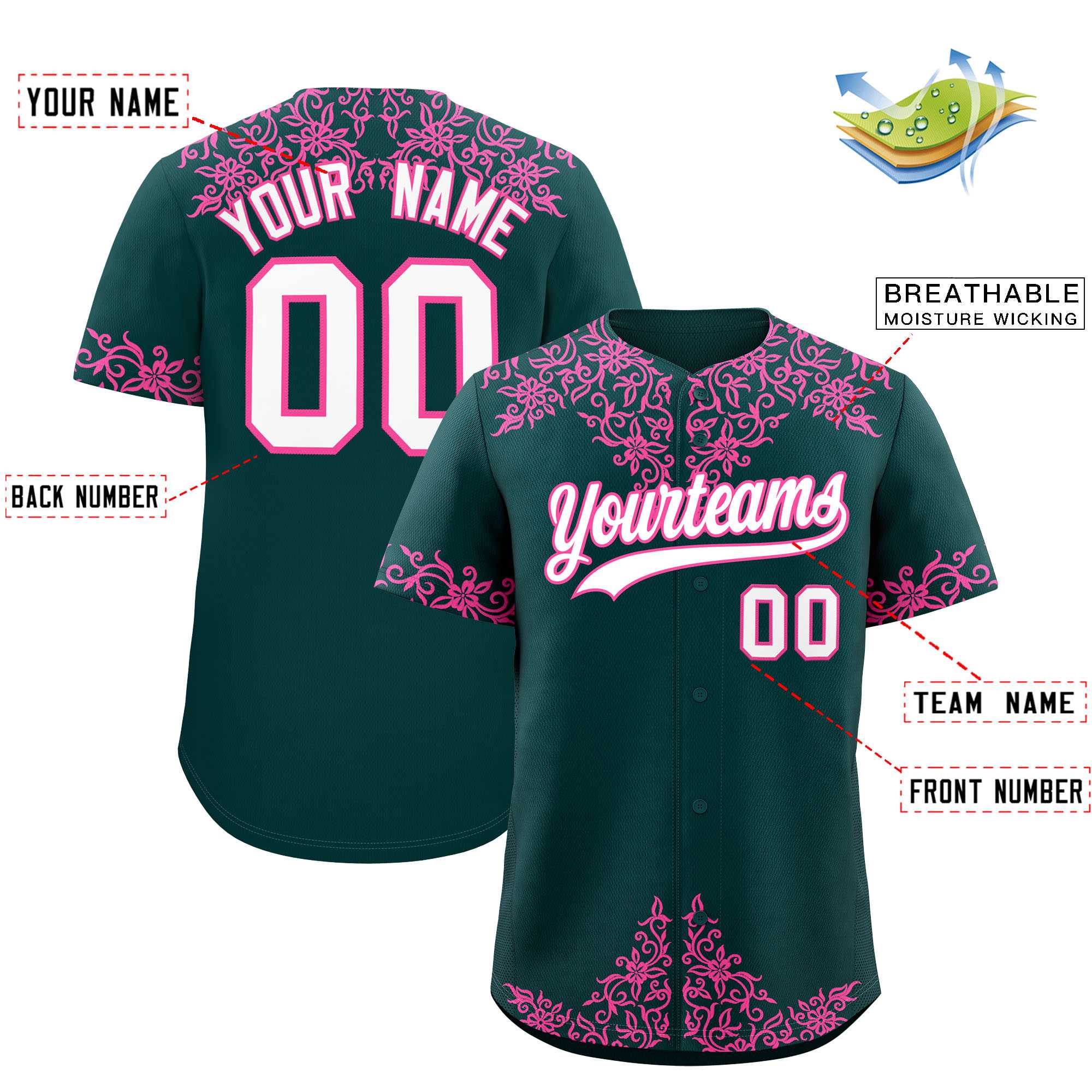 Custom Midnight Green Pink Baroque Style Personalized Baseball Jersey| KXKSHOP