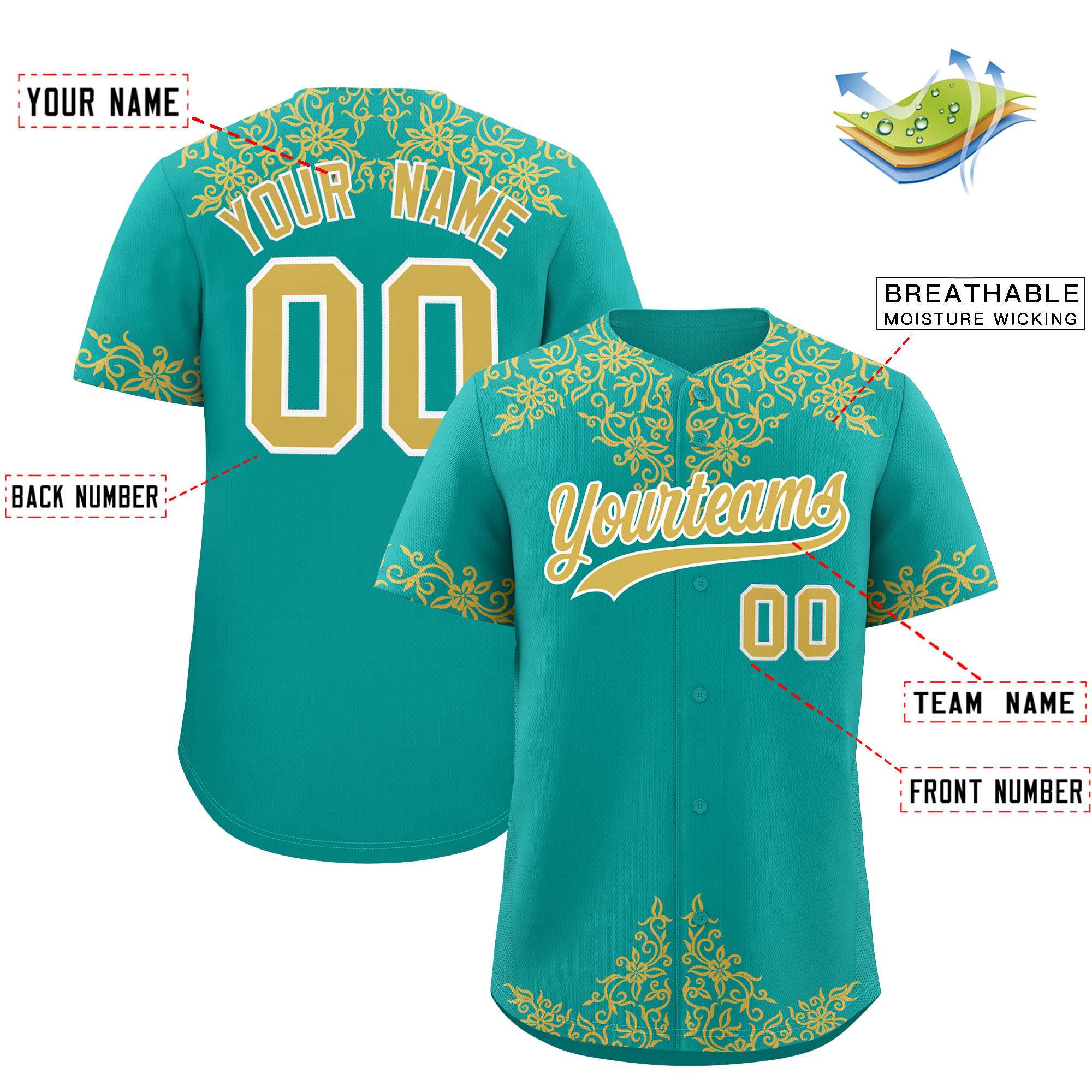Custom Aqua Old Gold Baroque Style Personalized Baseball Jersey| KXKSHOP