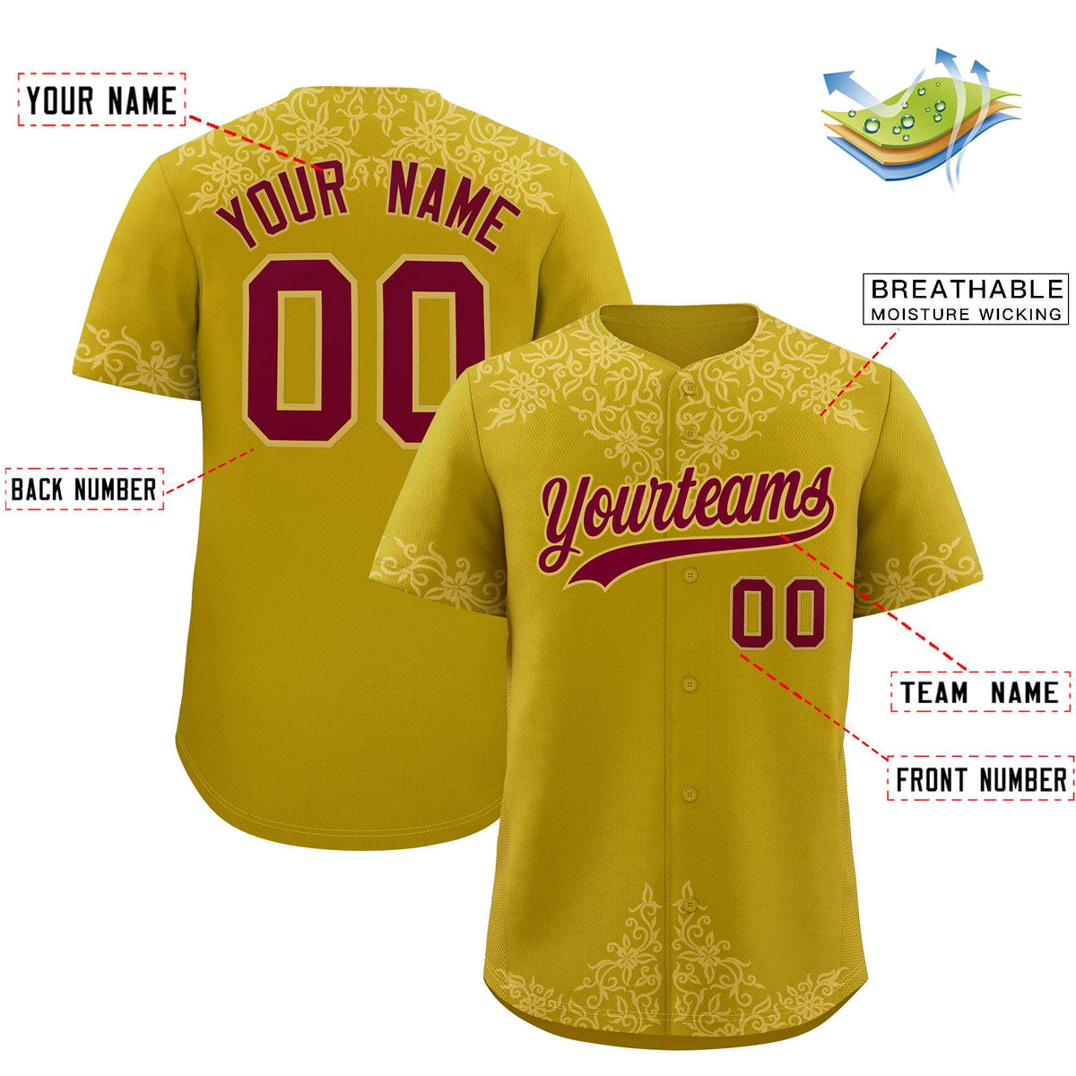 Custom Old Gold Old Gold Baroque Style Personalized Baseball Jersey| KXKSHOP