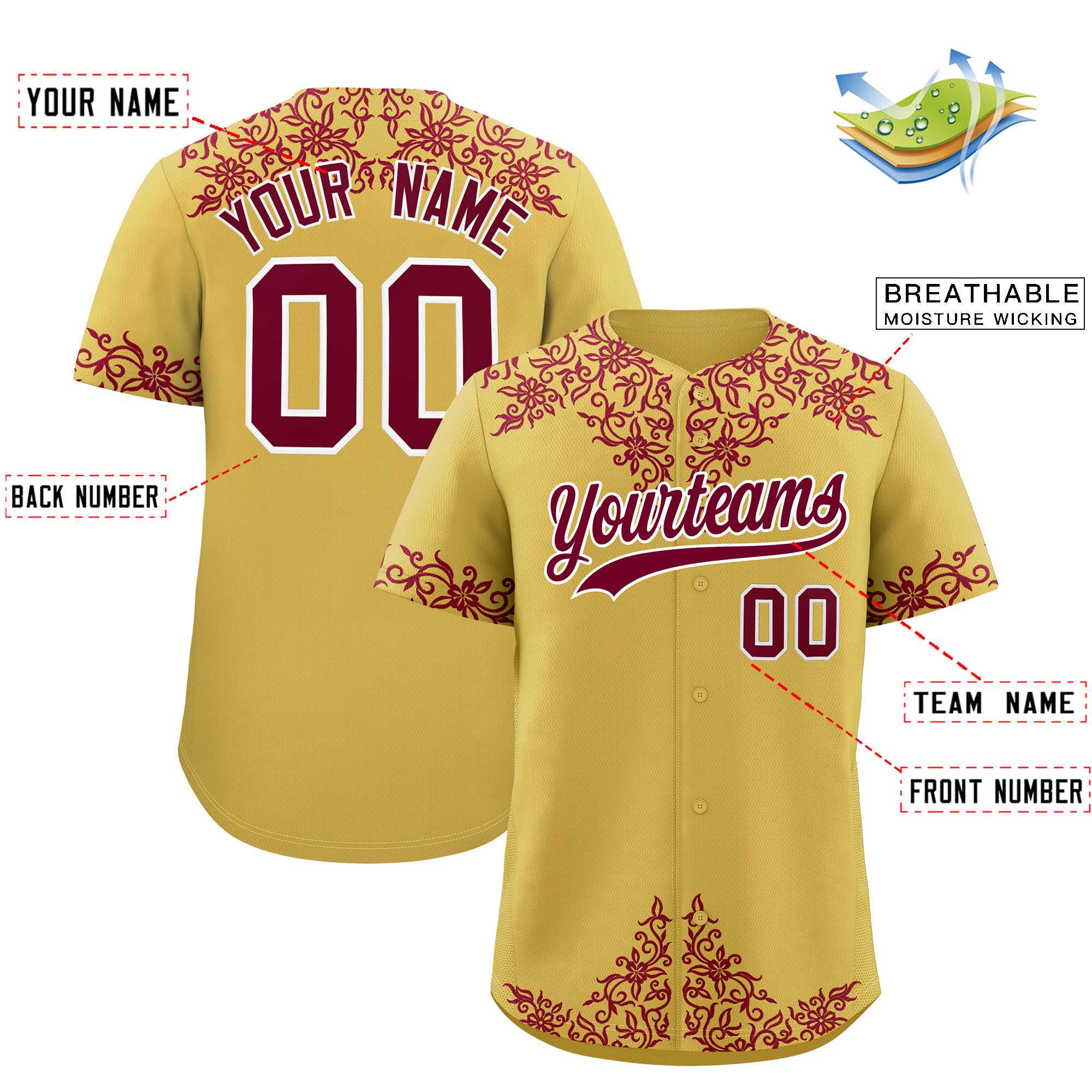 Custom Old Gold Crimson Baroque Style Personalized Baseball Jersey| KXKSHOP