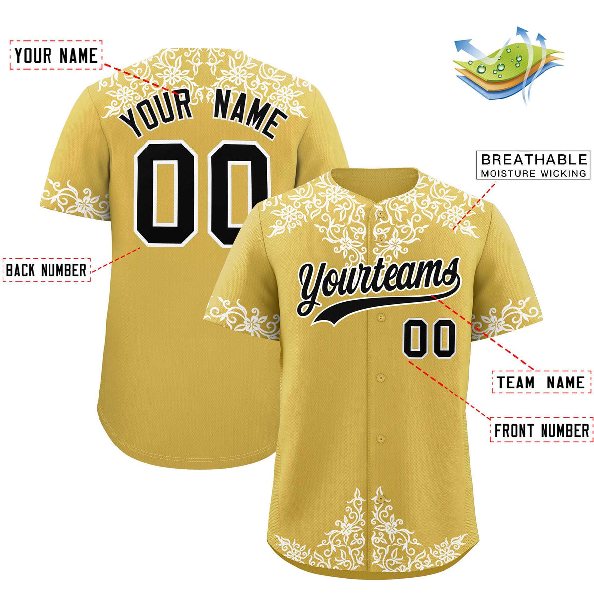 Custom Old Gold White Baroque Style Personalized Baseball Jersey| KXKSHOP