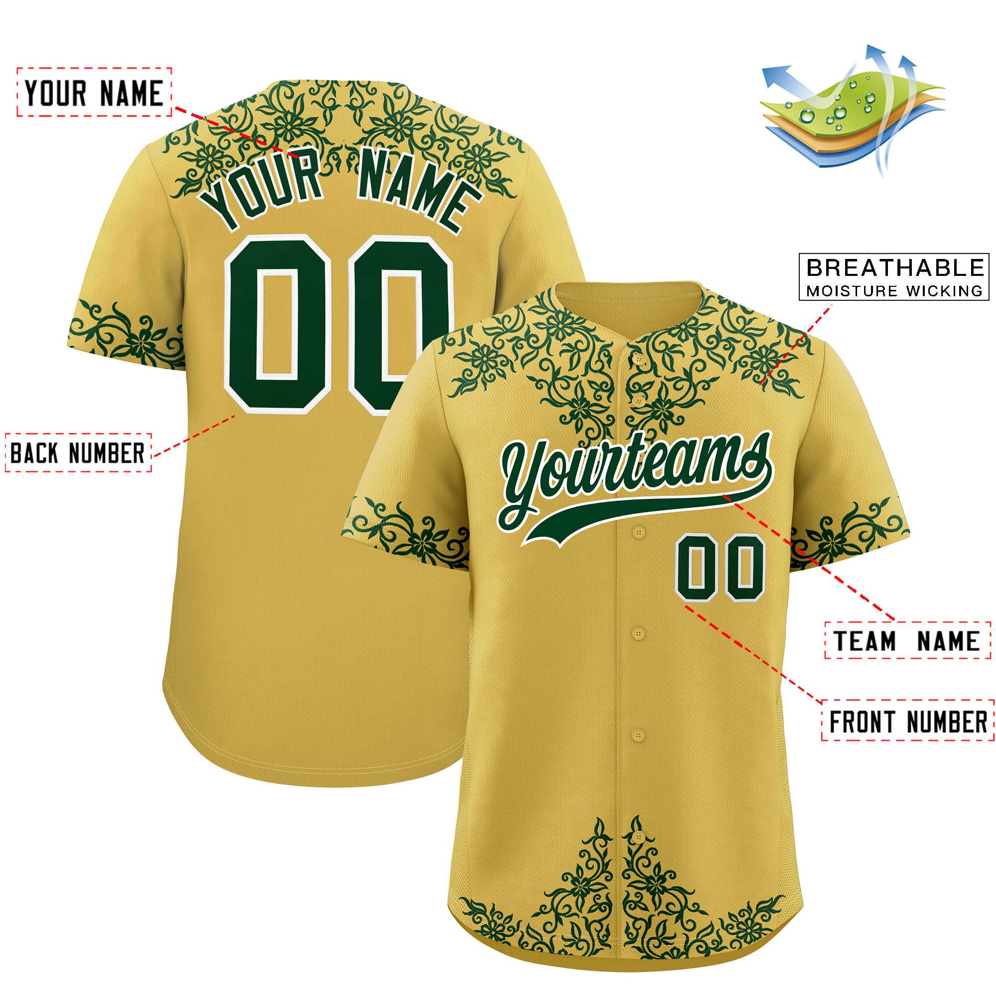 Custom Old Gold Green Baroque Style Personalized Baseball Jersey| KXKSHOP