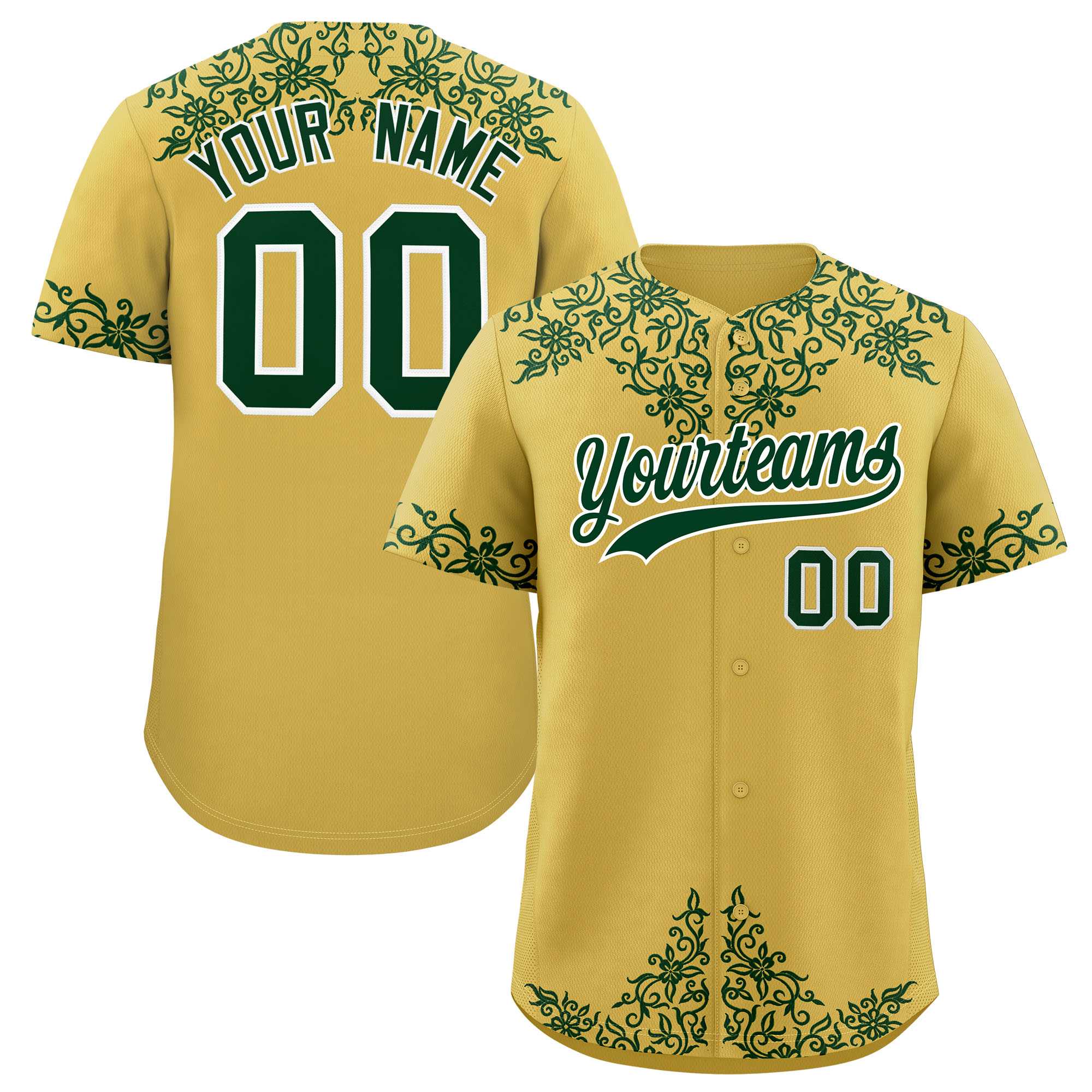 Custom Old Gold Green Baroque Style Personalized Baseball Jersey| KXKSHOP