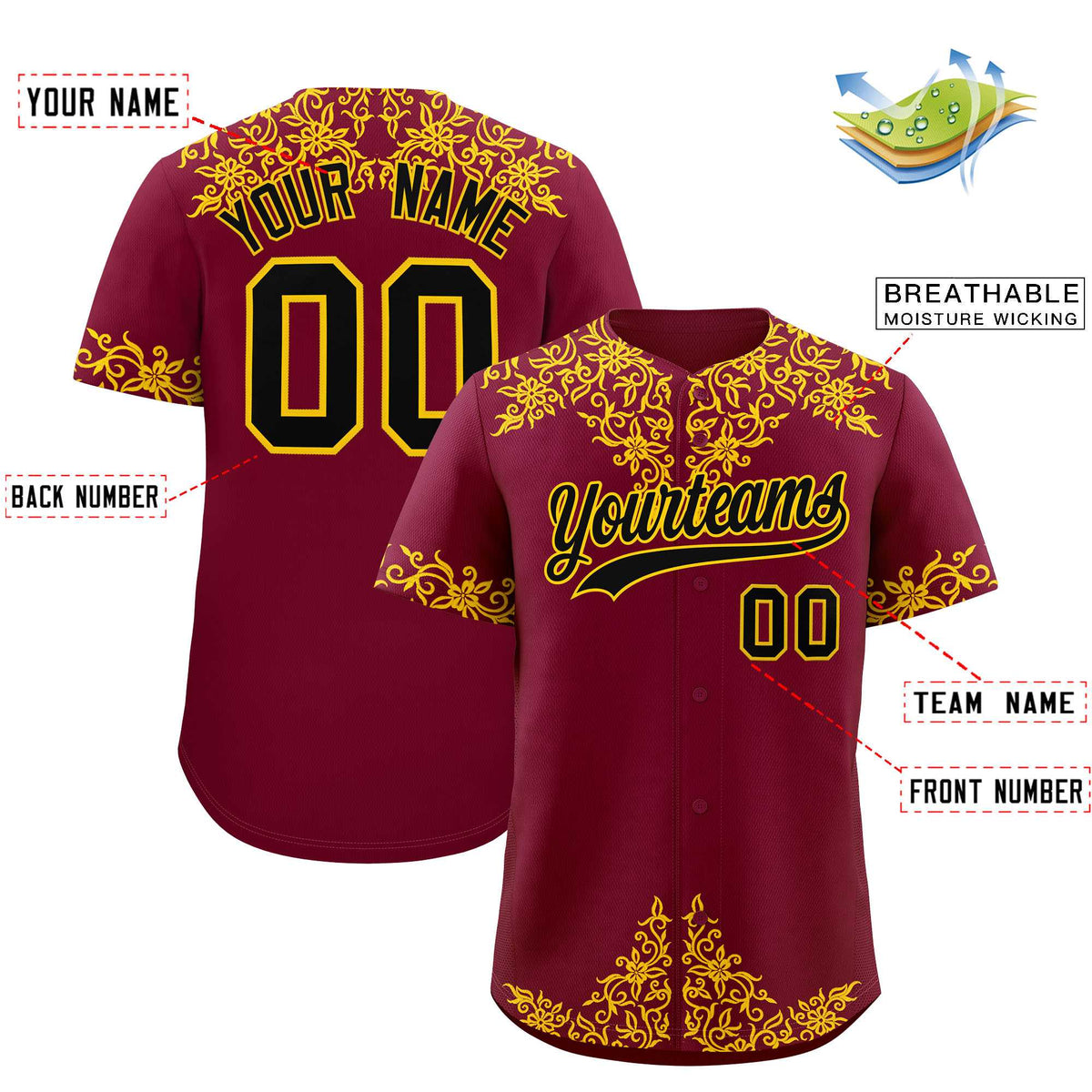 Custom Crimson Yellow Baroque Style Personalized Baseball Jersey| KXKSHOP