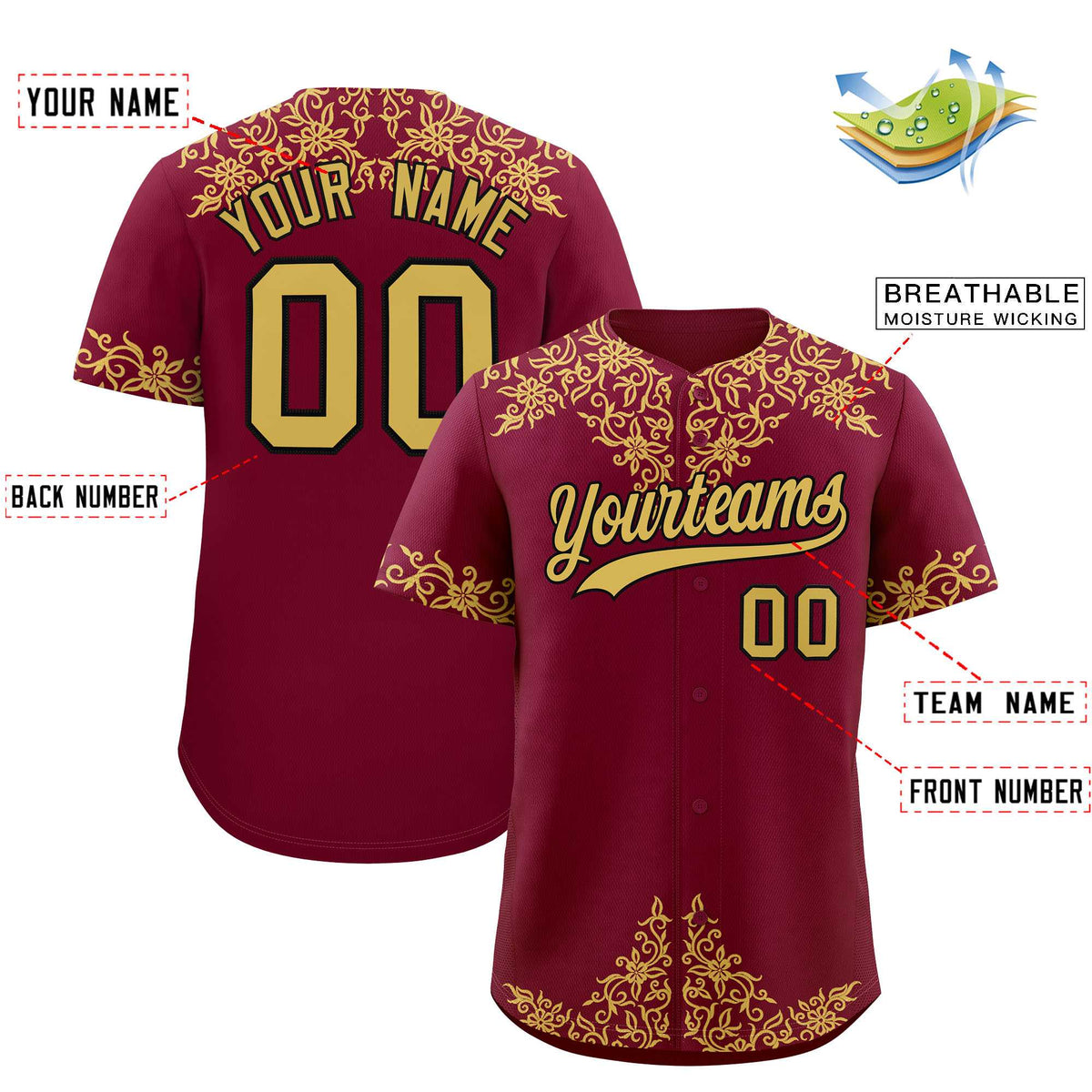Custom Crimson Old Gold Baroque Style Personalized Baseball Jersey| KXKSHOP