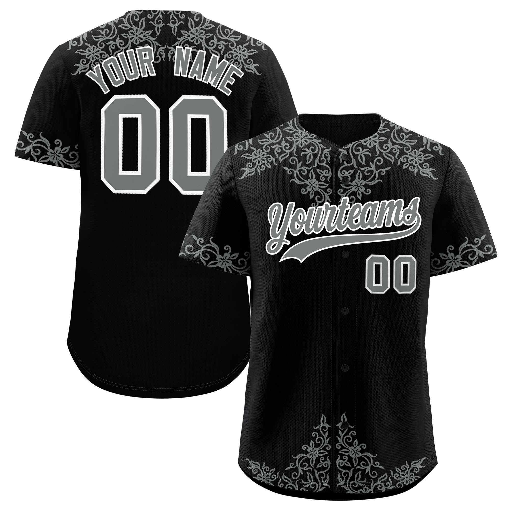 Custom Black Gray Baroque Style Personalized Baseball Jersey| KXKSHOP