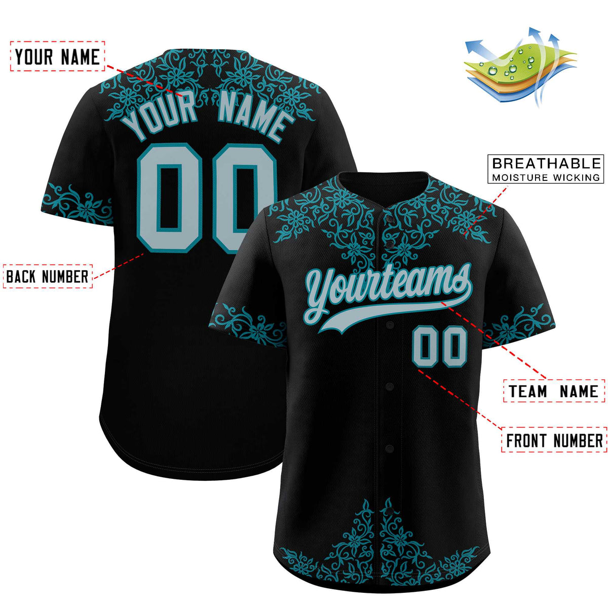 Custom Black Teal Baroque Style Personalized Baseball Jersey| KXKSHOP
