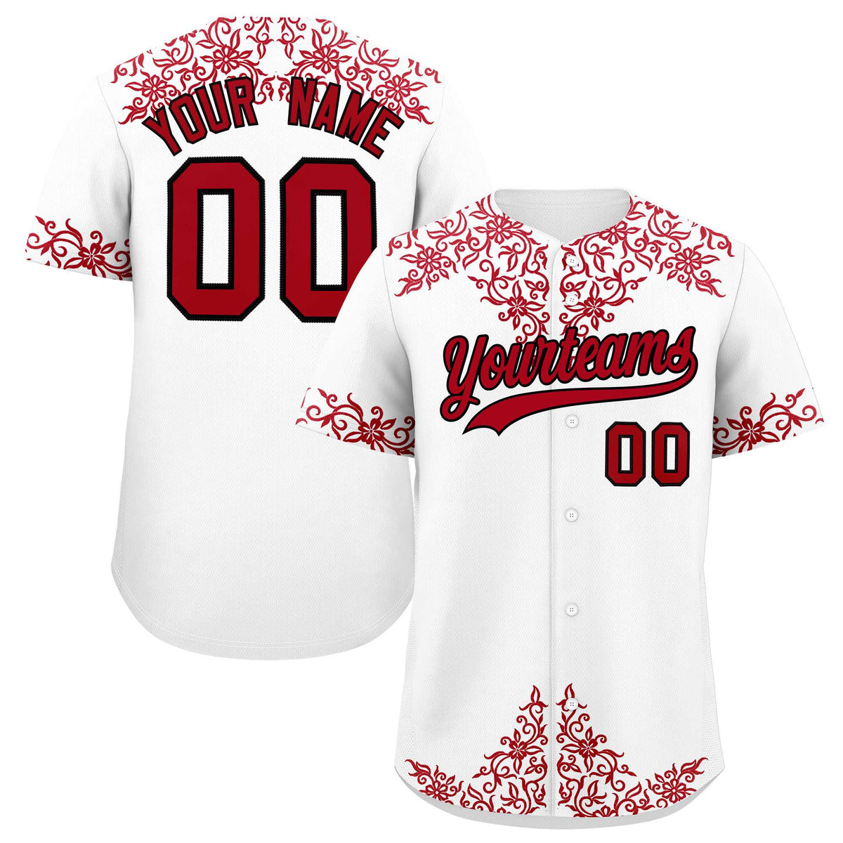 Custom White Red Baroque Style Personalized Baseball Jersey| KXKSHOP
