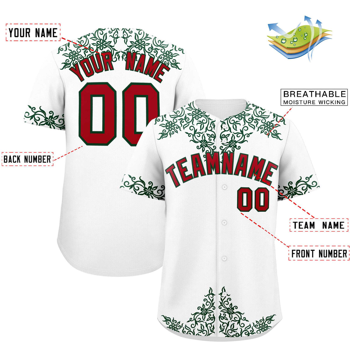 Custom White Green Baroque Style Personalized Baseball Jersey| KXKSHOP