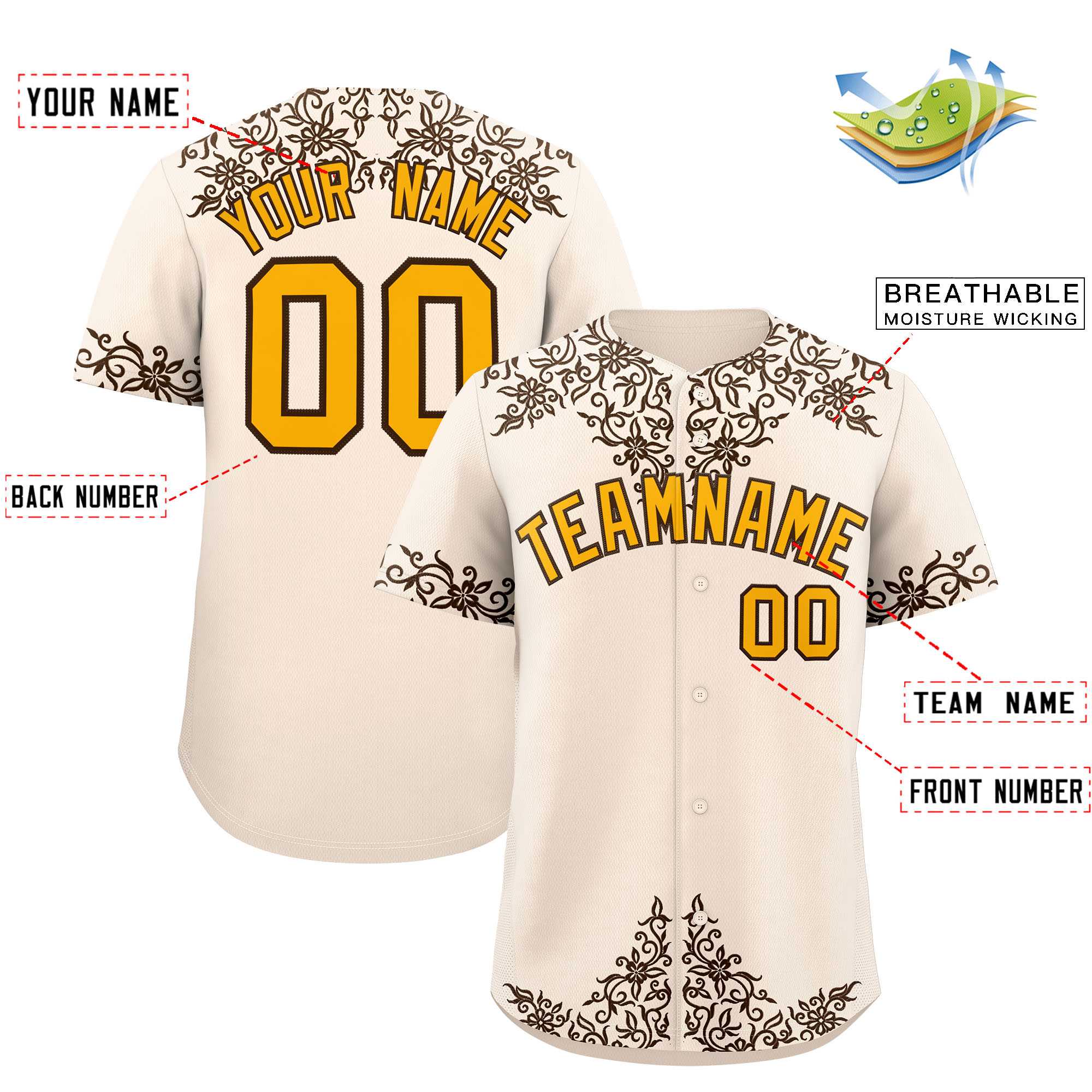 Custom Cream Brown Baroque Style Personalized Baseball Jersey| KXKSHOP