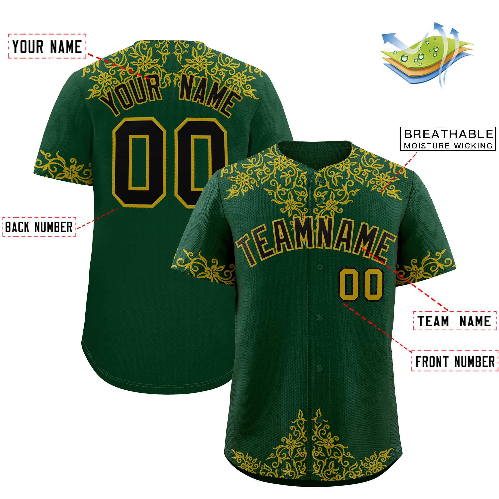 Custom Green Old Gold Baroque Style Personalized Baseball Jersey| KXKSHOP