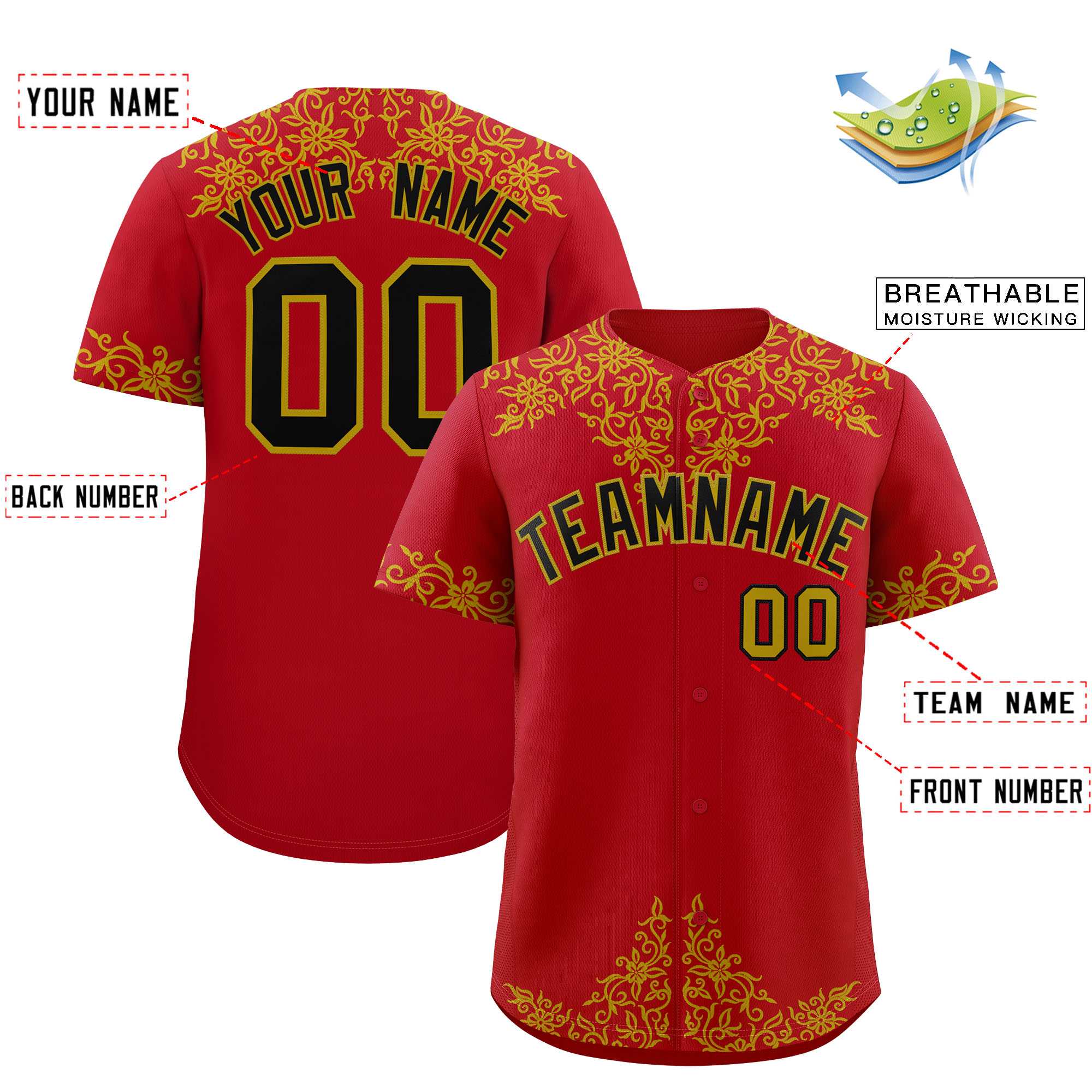 Custom Red Old Gold Baroque Style Personalized Baseball Jersey| KXKSHOP