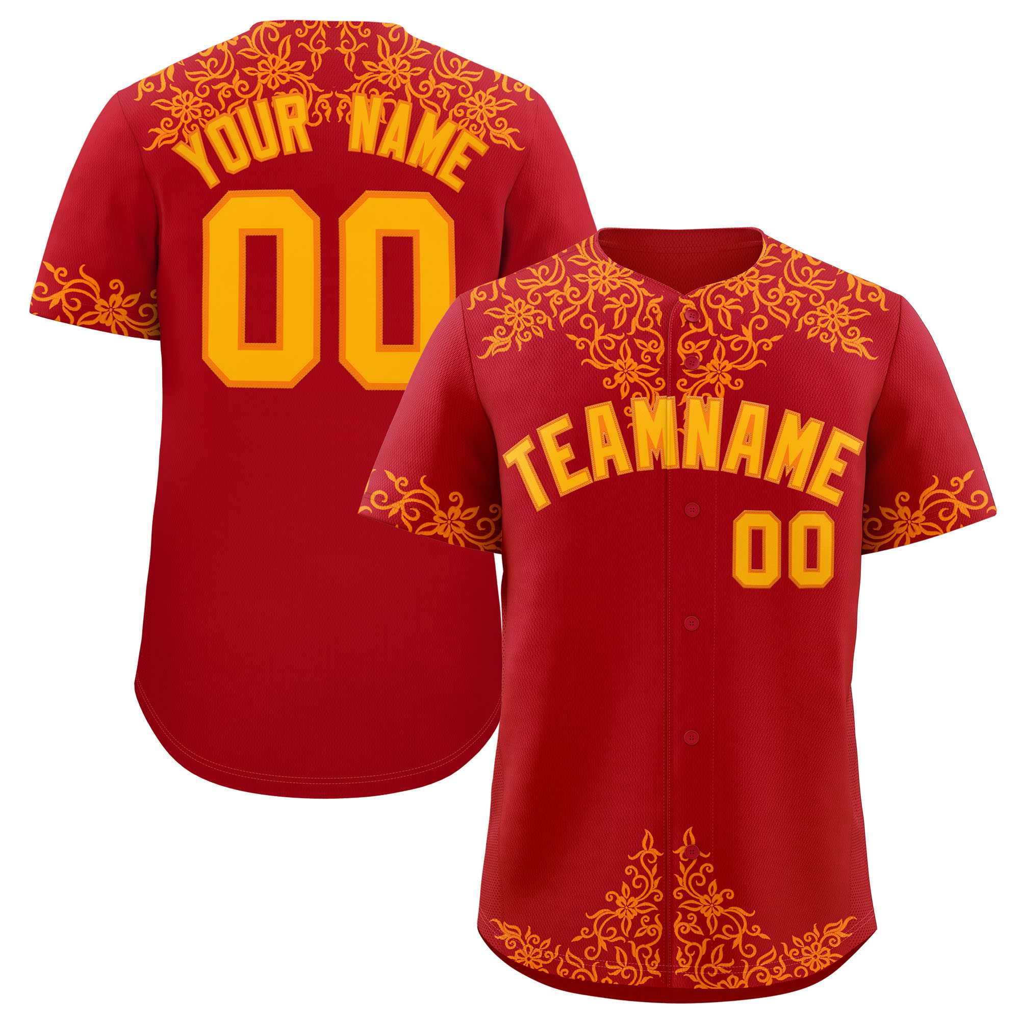 Custom Red Yellow Baroque Style Personalized Baseball Jersey| KXKSHOP