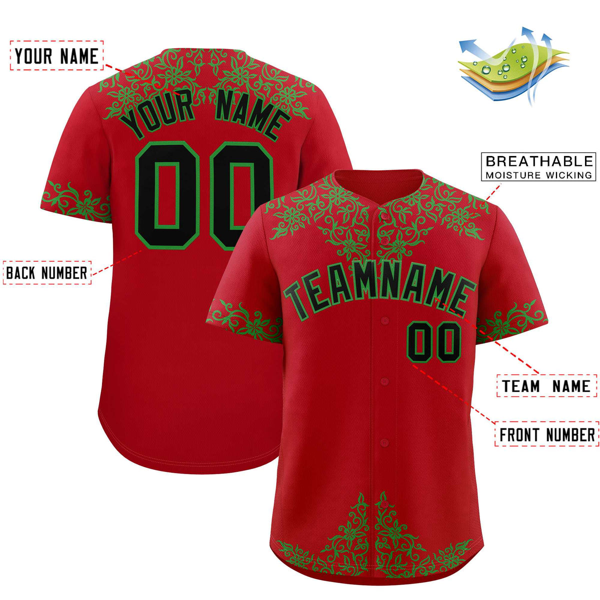 Custom Red Kelly Green Baroque Style Personalized Baseball Jersey| KXKSHOP