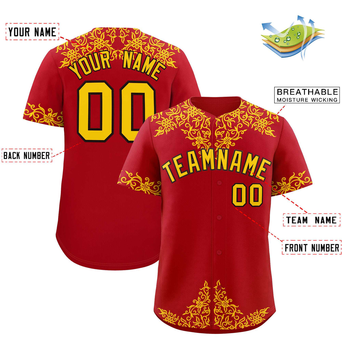 Custom Red Gold Baroque Style Personalized Baseball Jersey| KXKSHOP