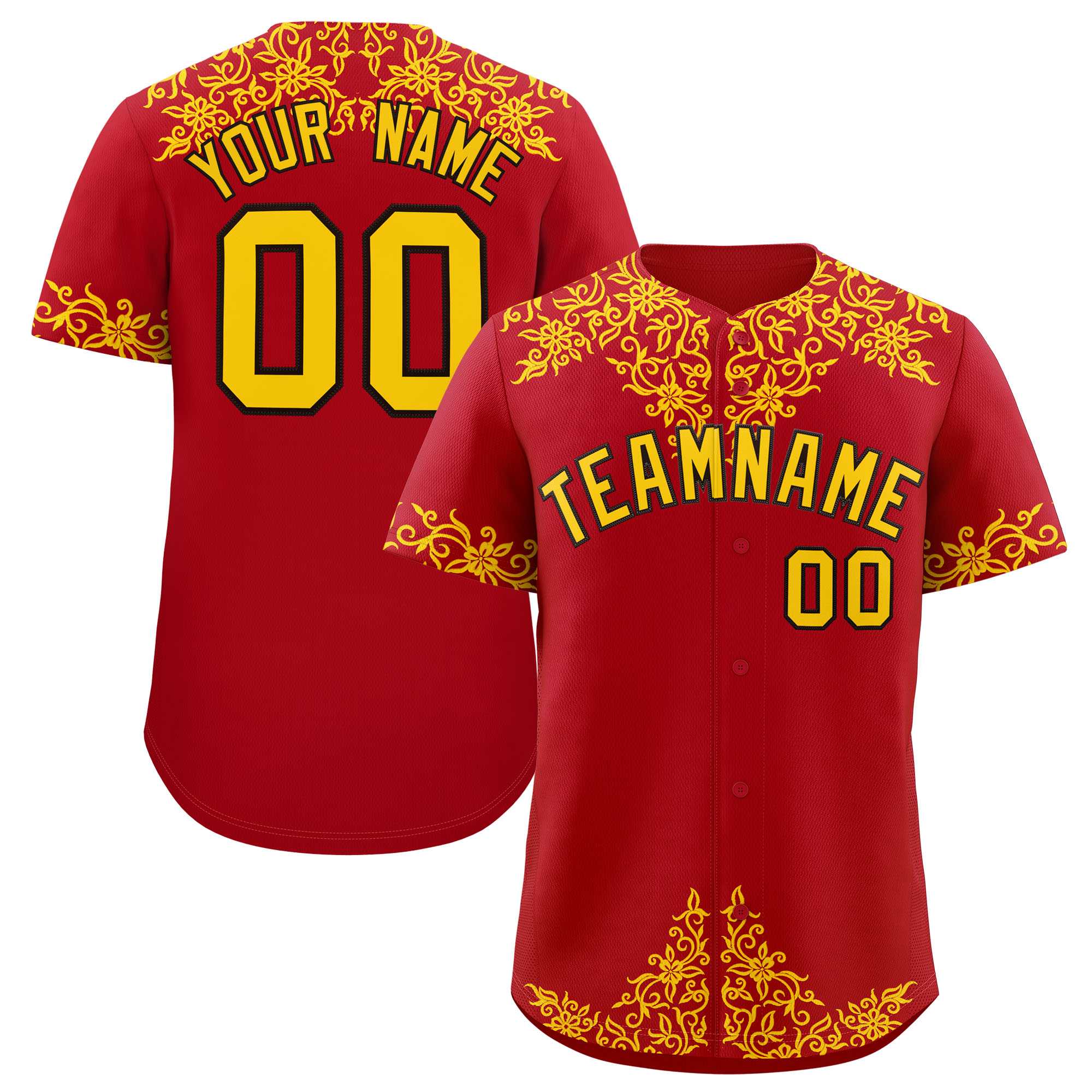 Custom Red Gold Baroque Style Personalized Baseball Jersey| KXKSHOP