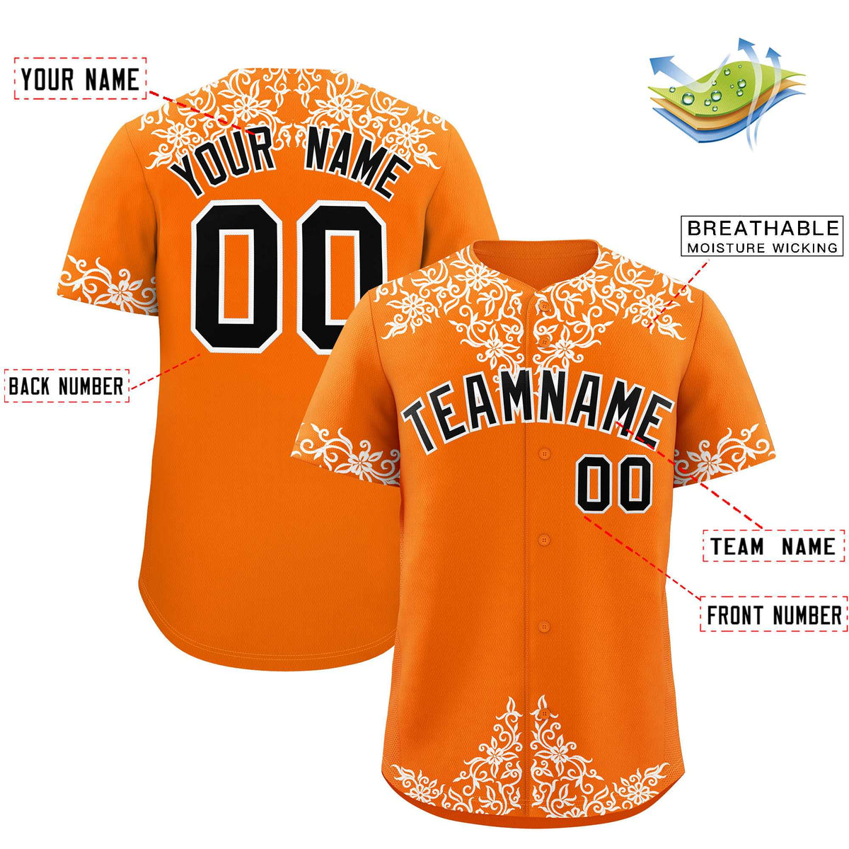 Custom Orange White Baroque Style Personalized Baseball Jersey| KXKSHOP