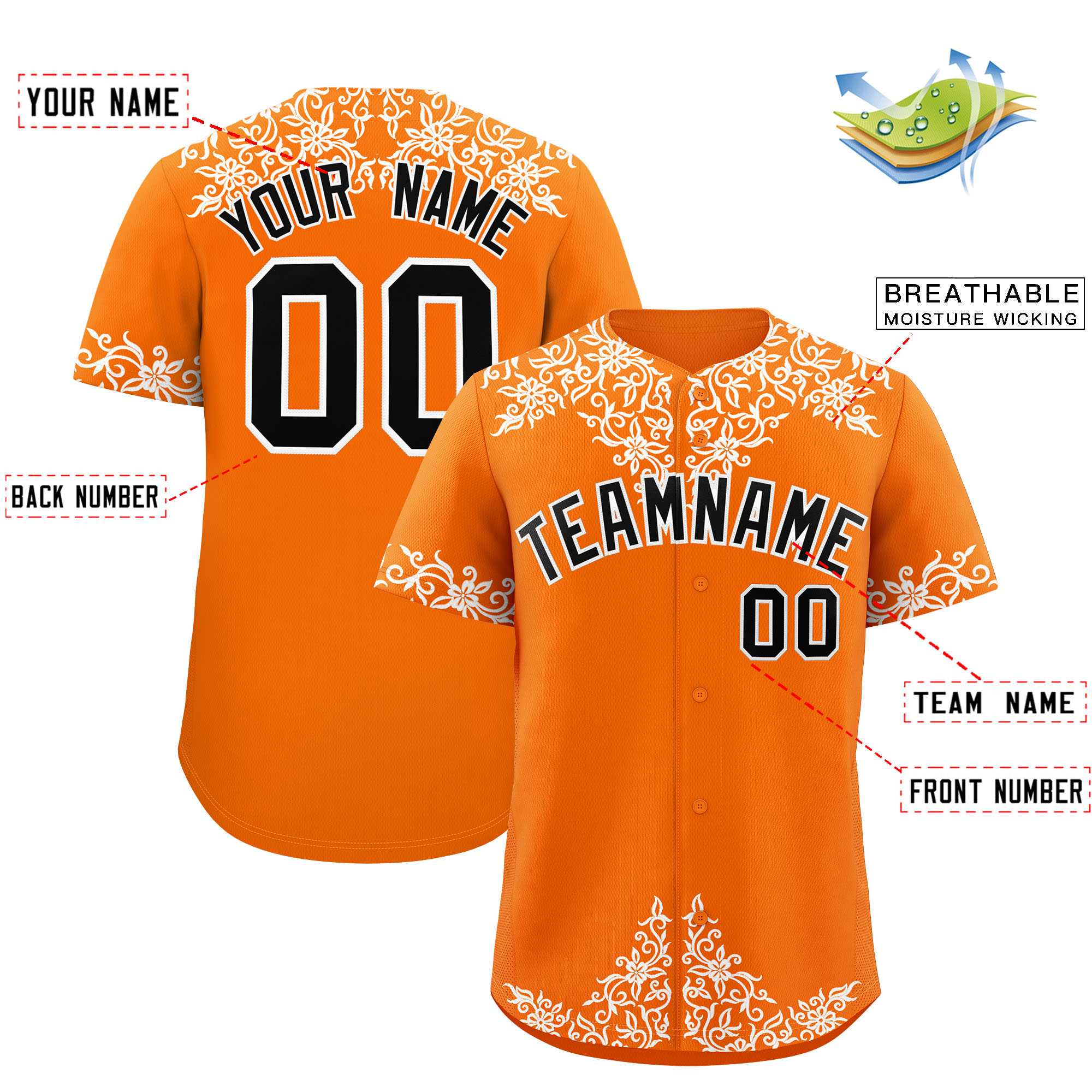Custom Orange White Baroque Style Personalized Baseball Jersey| KXKSHOP