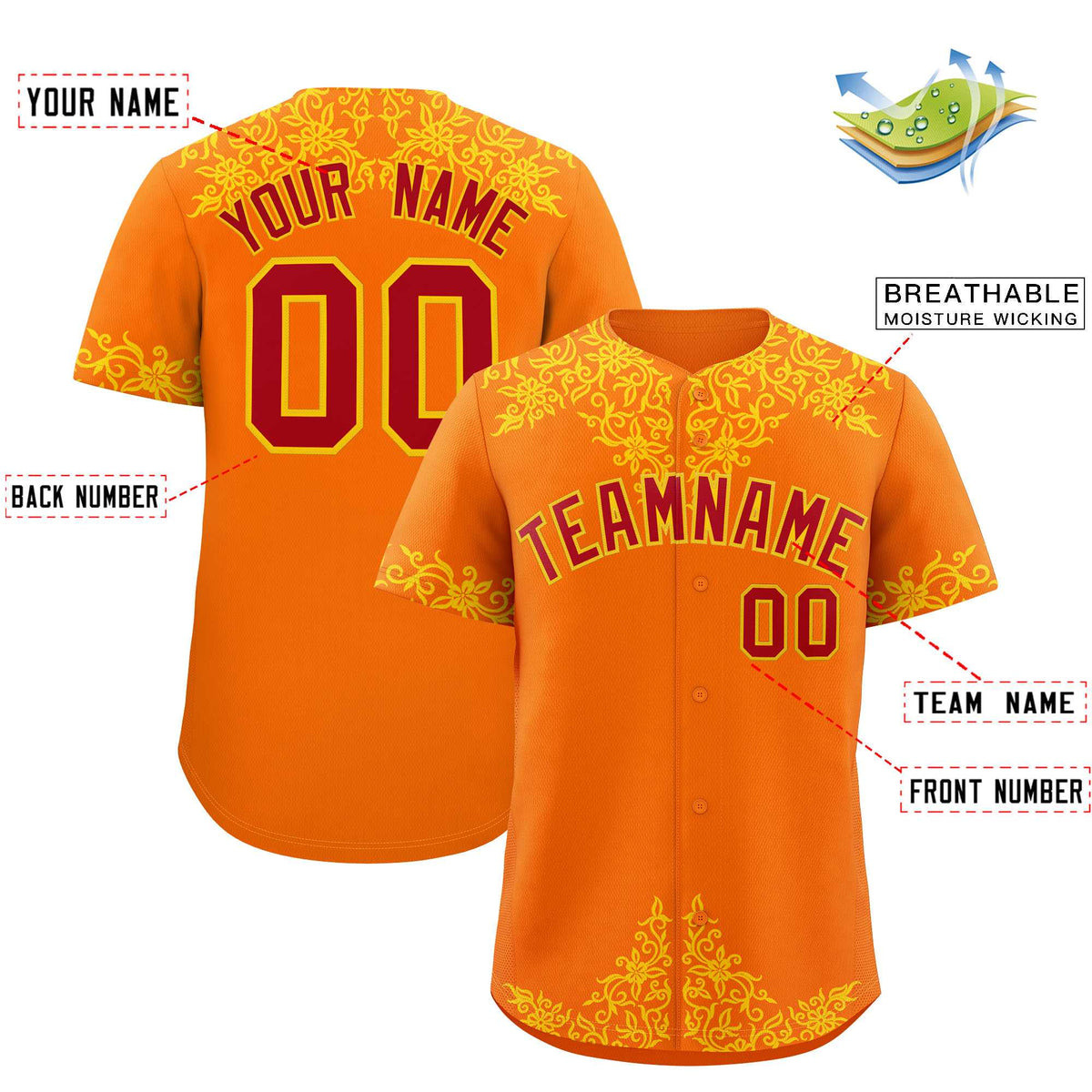 Custom Orange Gold Baroque Style Personalized Baseball Jersey| KXKSHOP