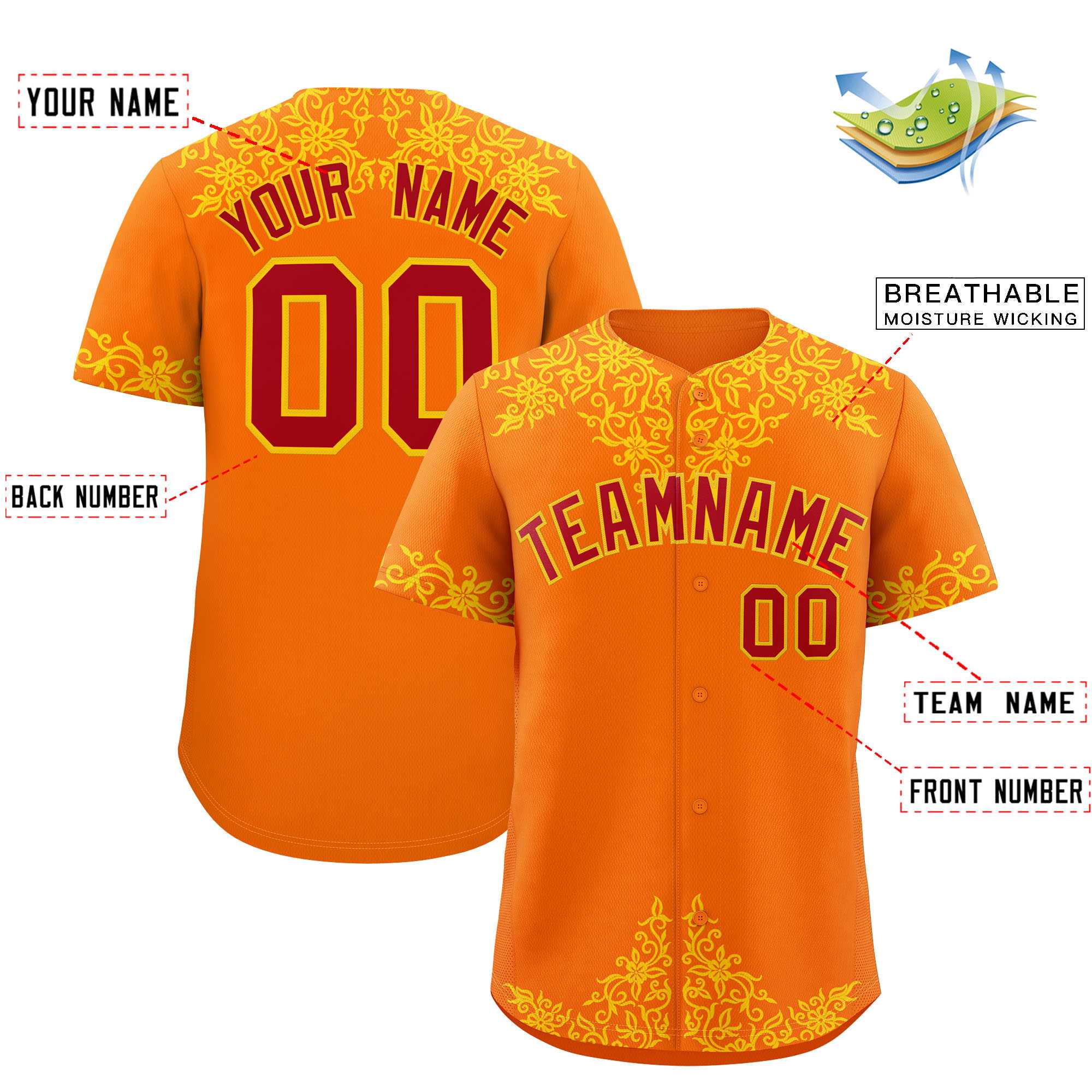 Custom Orange Gold Baroque Style Personalized Baseball Jersey| KXKSHOP