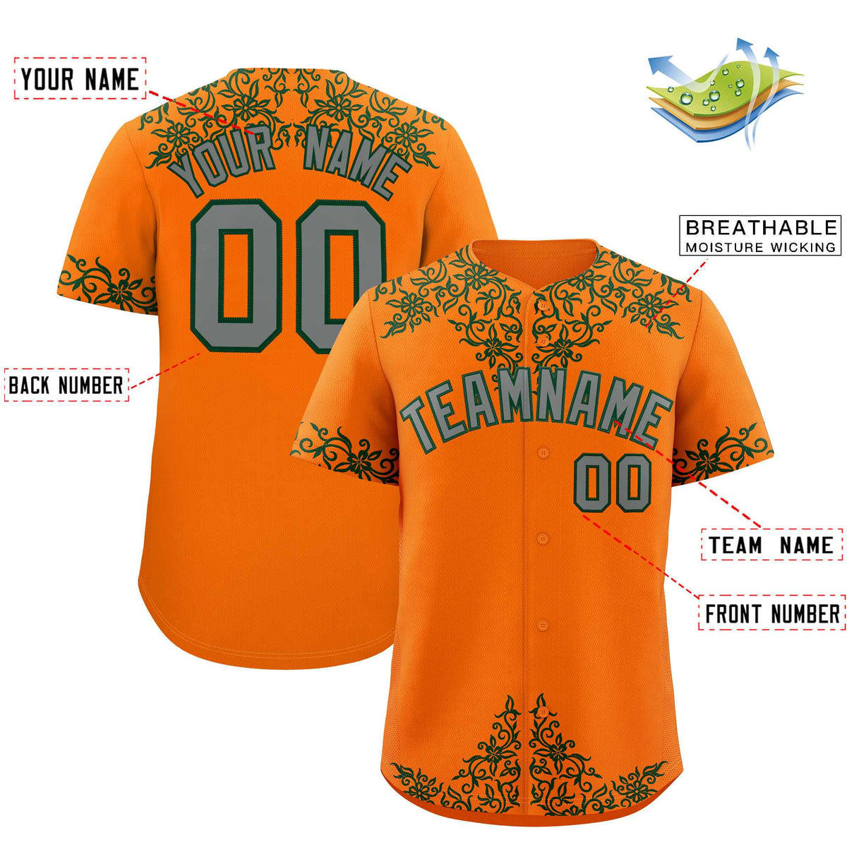 Custom Orange Green Baroque Style Personalized Baseball Jersey| KXKSHOP