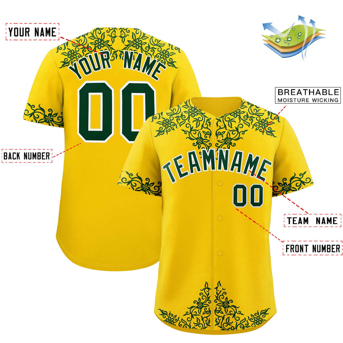 Custom Gold Green Baroque Style Personalized Baseball Jersey| KXKSHOP