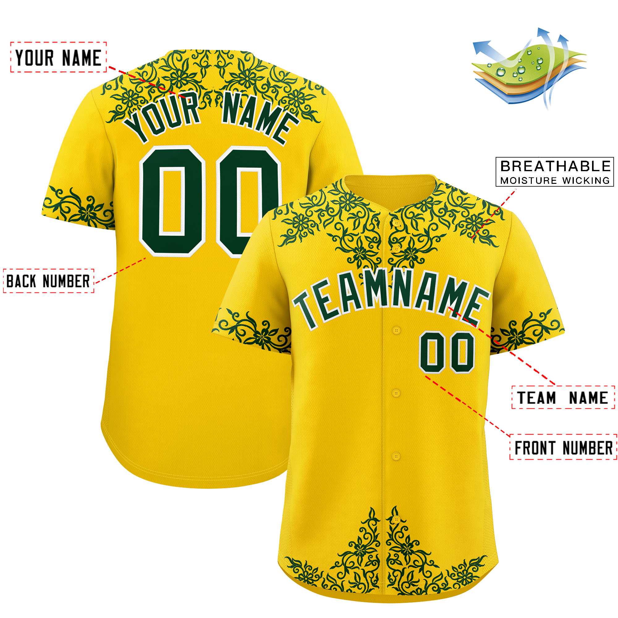 Custom Gold Green Baroque Style Personalized Baseball Jersey| KXKSHOP