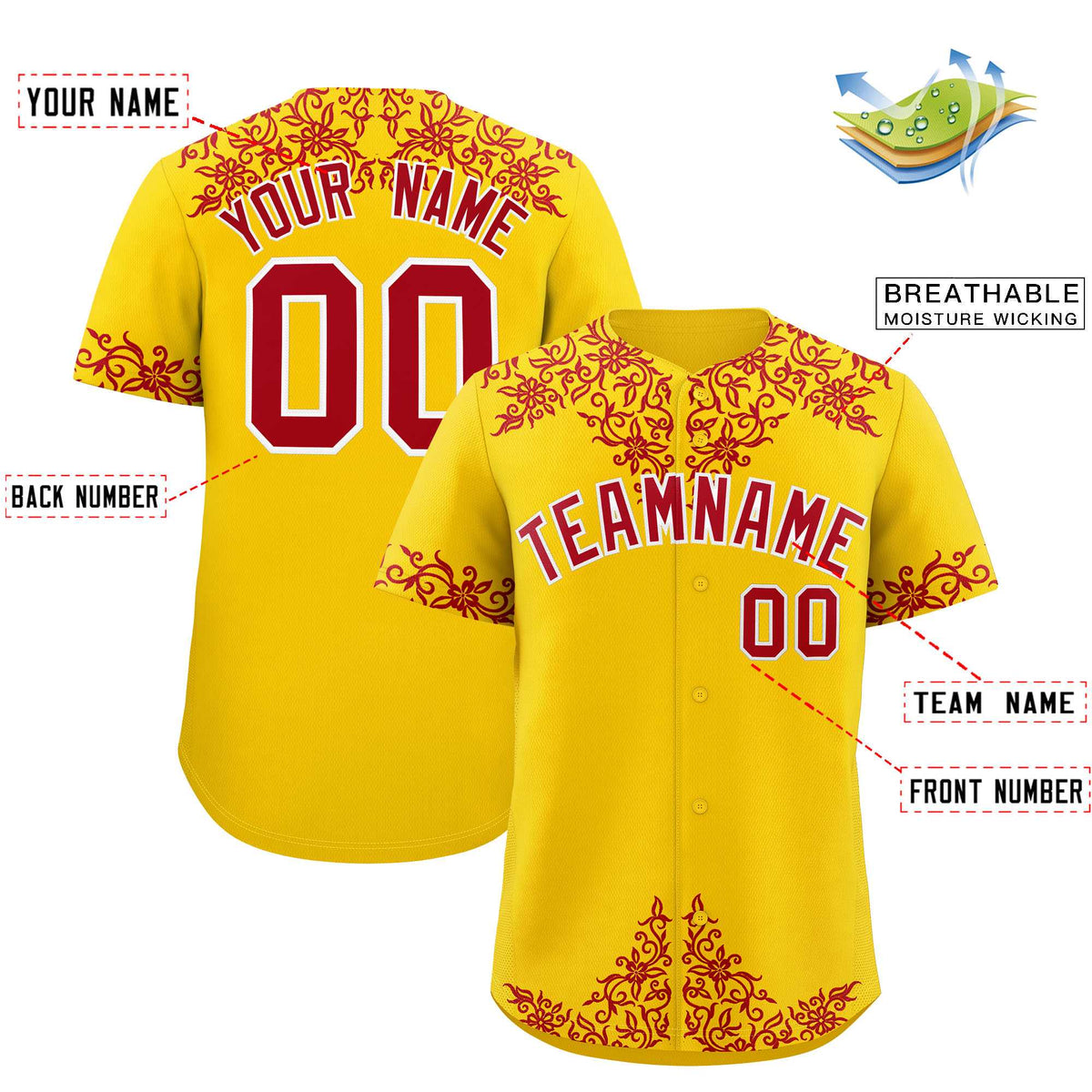 Custom Gold Red Baroque Style Personalized Baseball Jersey| KXKSHOP
