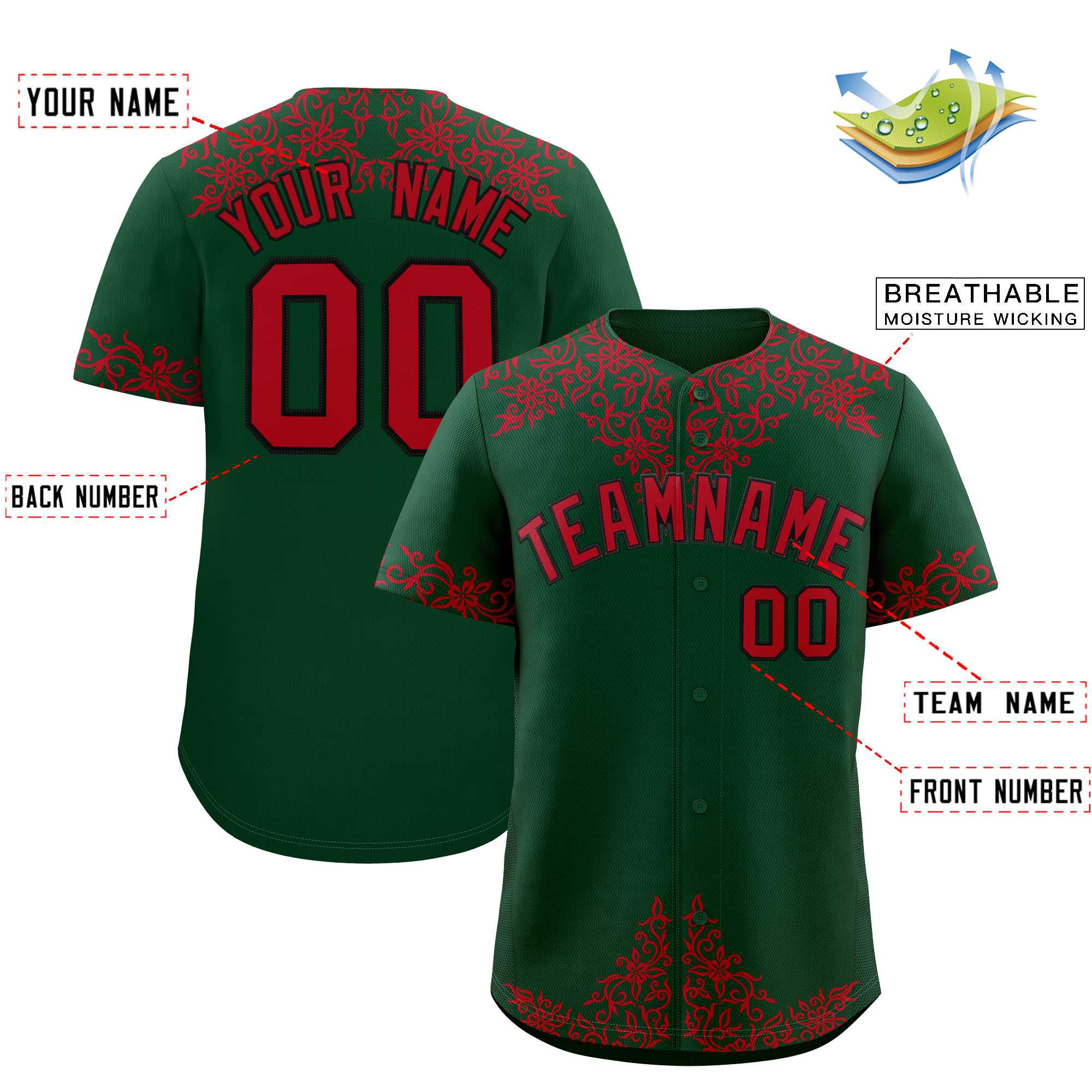 Custom Green Red Baroque Style Personalized Baseball Jersey| KXKSHOP