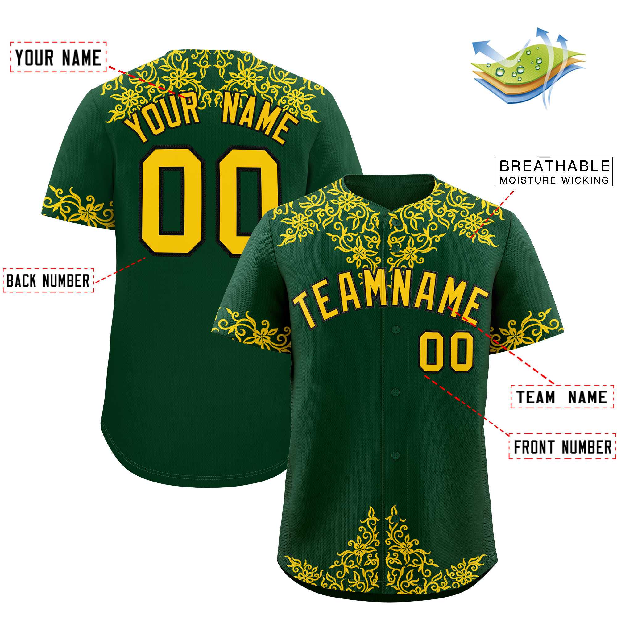 Custom Green Gold Baroque Style Personalized Baseball Jersey| KXKSHOP