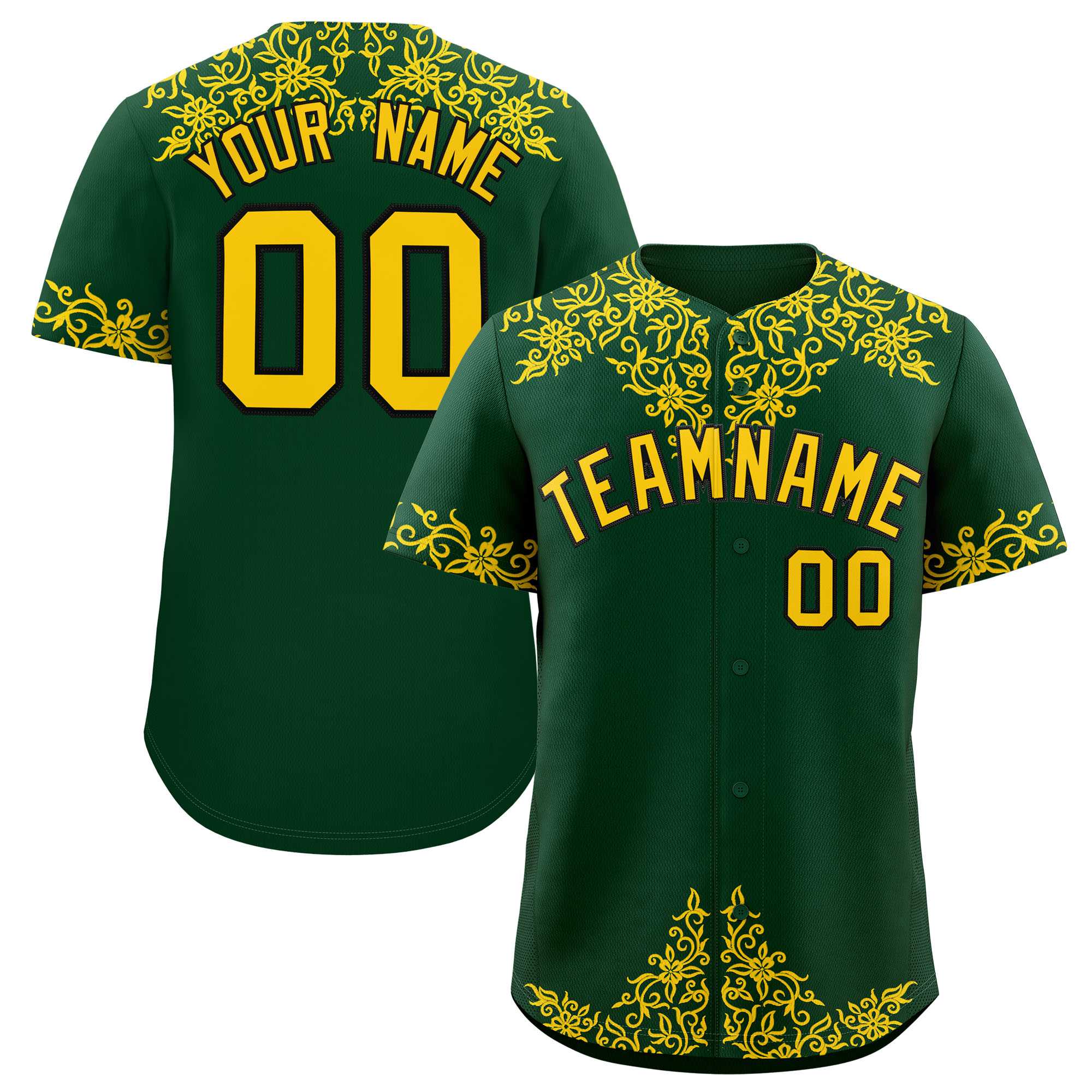 Custom Green Gold Baroque Style Personalized Baseball Jersey| KXKSHOP